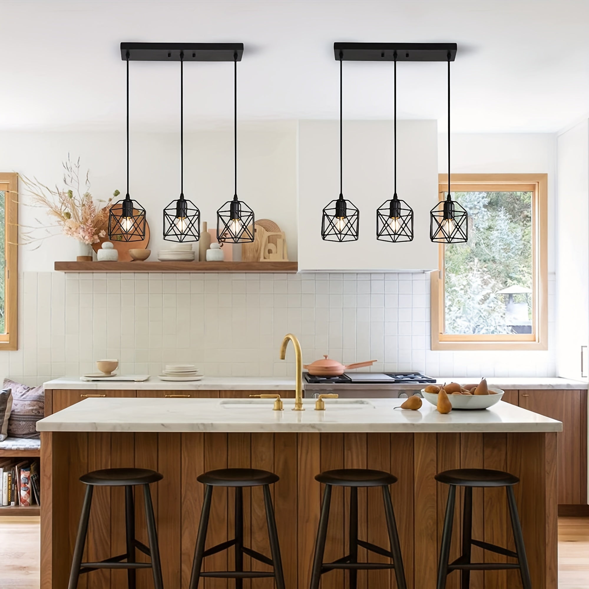 3-Light industrial pendant light, height adjustable up to 43.3 inches chandelier, black metal geometric cage pendant light, ceiling lighting fixture, suitable for dining room, kitchen island, living room or bedroom, restaurant, hotel, home decoration