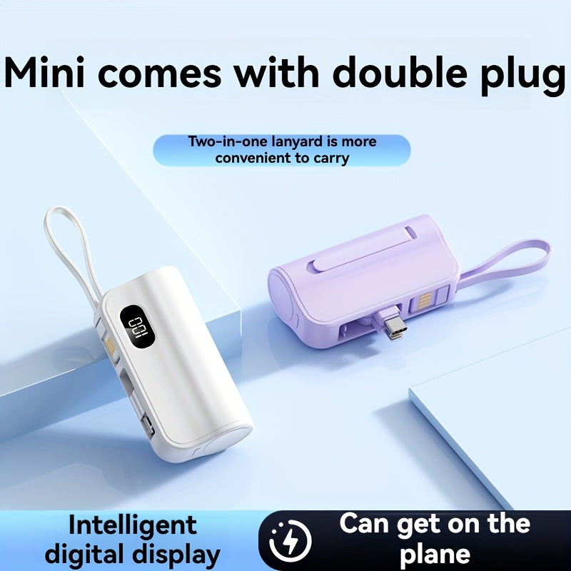 2026新款三合一迷你行動電源 5000mAh 充電寶，內建 USB-C 及 iPhone 雙充插頭，LCD 顯示螢幕電量，手機支架，附 USB 充電線