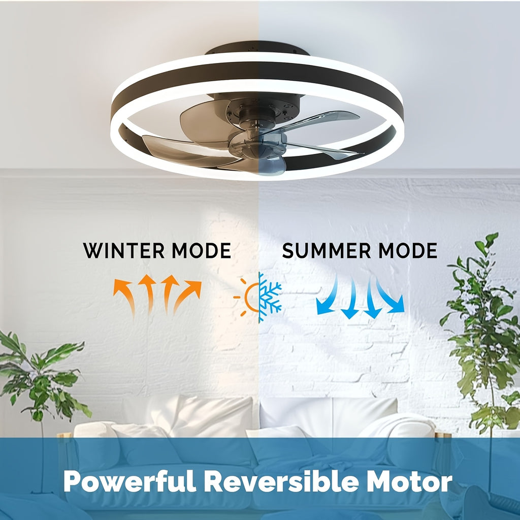 Modern Indoor Remote Control Flush Mount Ceiling Fan, Embedded Design, 19.7 Inch Dimmable LED Light, Low Profile Smart Color Changing, 3 Lighting Modes & 6 Speed Settings