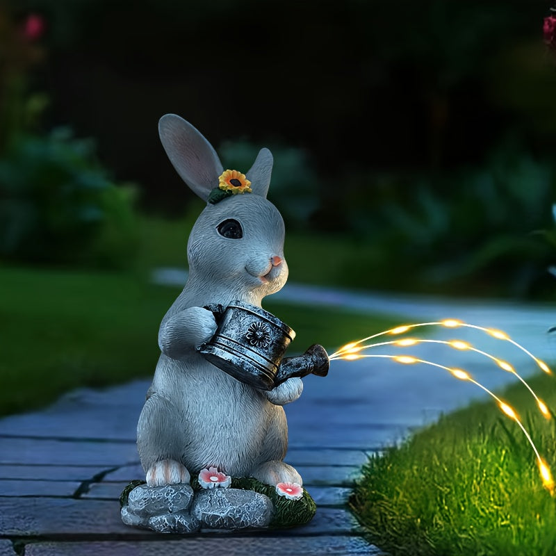 Easter Decoration, Solar Gray Rabbit Holding Watering Can Statue, Animal Theme Sculpture Resin Ornament, Courtyard, Lawn, Garden, Patio Decoration, Rabbit Statue, Christmas, Thanksgiving, Valentine‘s Day Gift