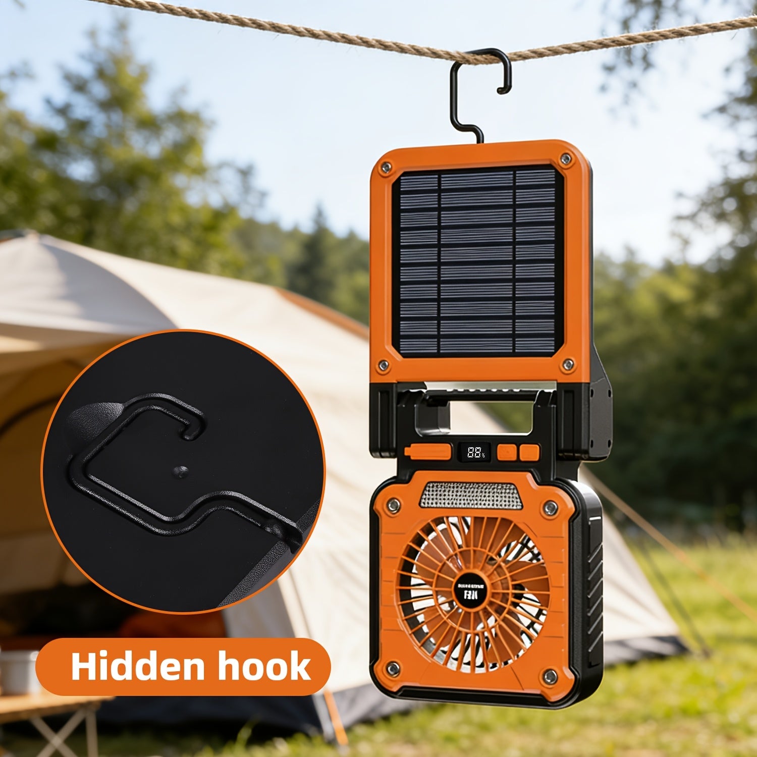 1PC Single Motor Camping Fan, Solar LED Camping Fan, 180° Rotatable Adjustable Angle Fan, Portable Outdoor Fan with Hook, Support Input and Output Charging Function, Suitable for Tents