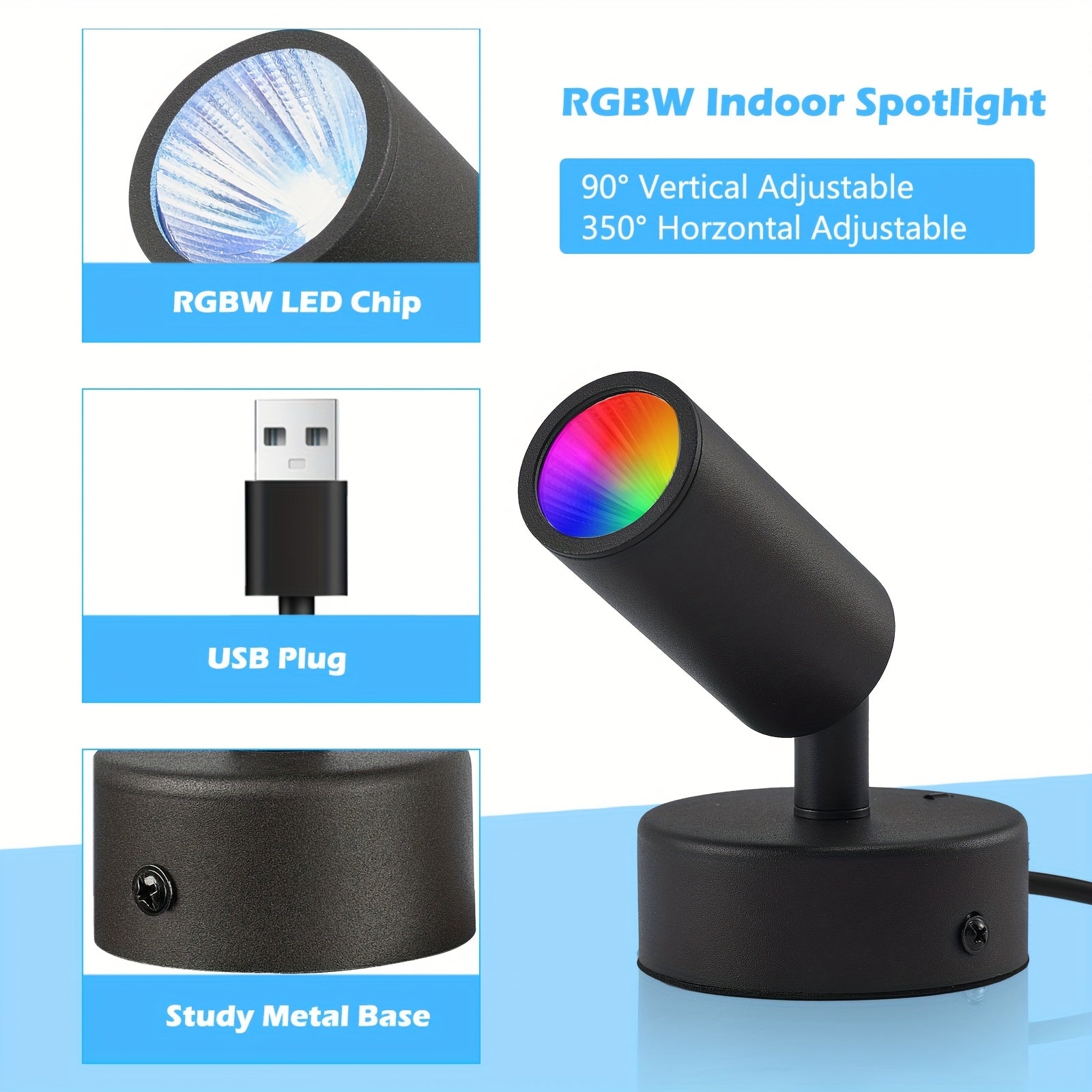 10W LED spotlight indoor RGB color-changing uplight/downlight with remote control, Christmas spotlight plant decoration light with switch, Halloween party decoration, 6.3ft USB cable