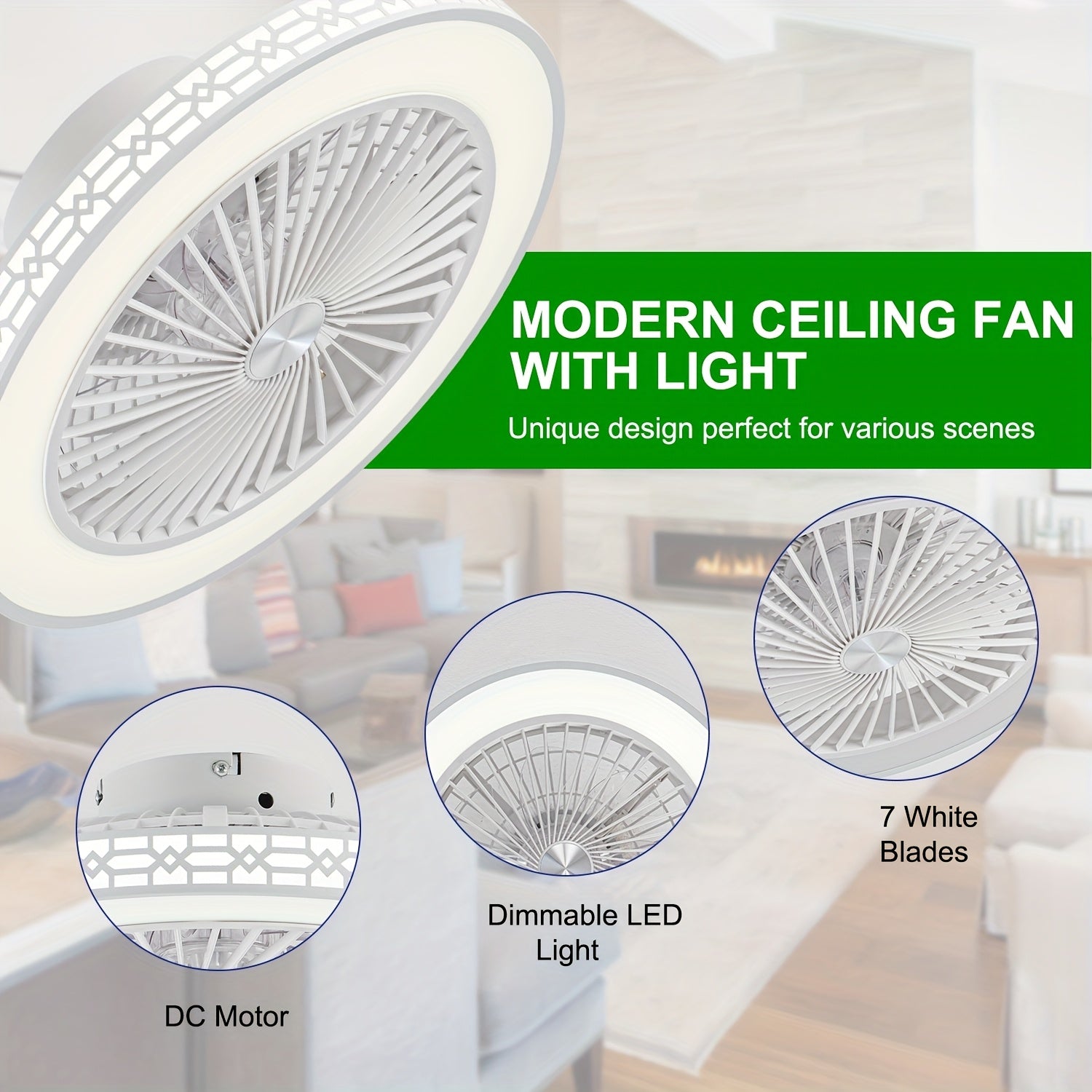 20 Inch Modern LED Ceiling Fan Light, Embedded Mount Design with Adjustable 3000K-6500K Lighting, Reversible Airflow for Better Air Circulation, Ideal for Office, Study, Bedroom and Indoor Spaces, Ceiling Fan Lamp