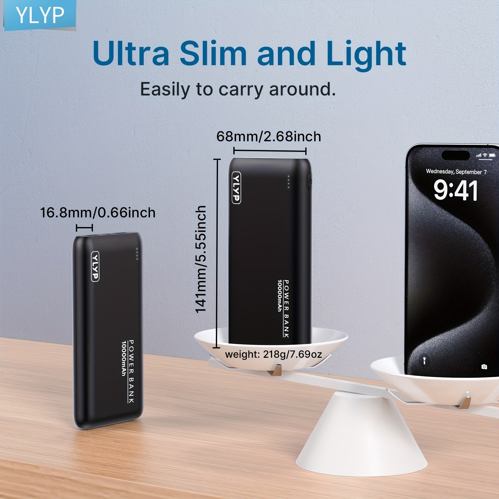 YLYP 1pc Ultra Slim 10000Mah Portable Charger Power Bank, Featuring an LED Light Display, Designed for Travel/Outdoor Emergency Backup, Dual USB Output, Type-C/Micro Input Interface