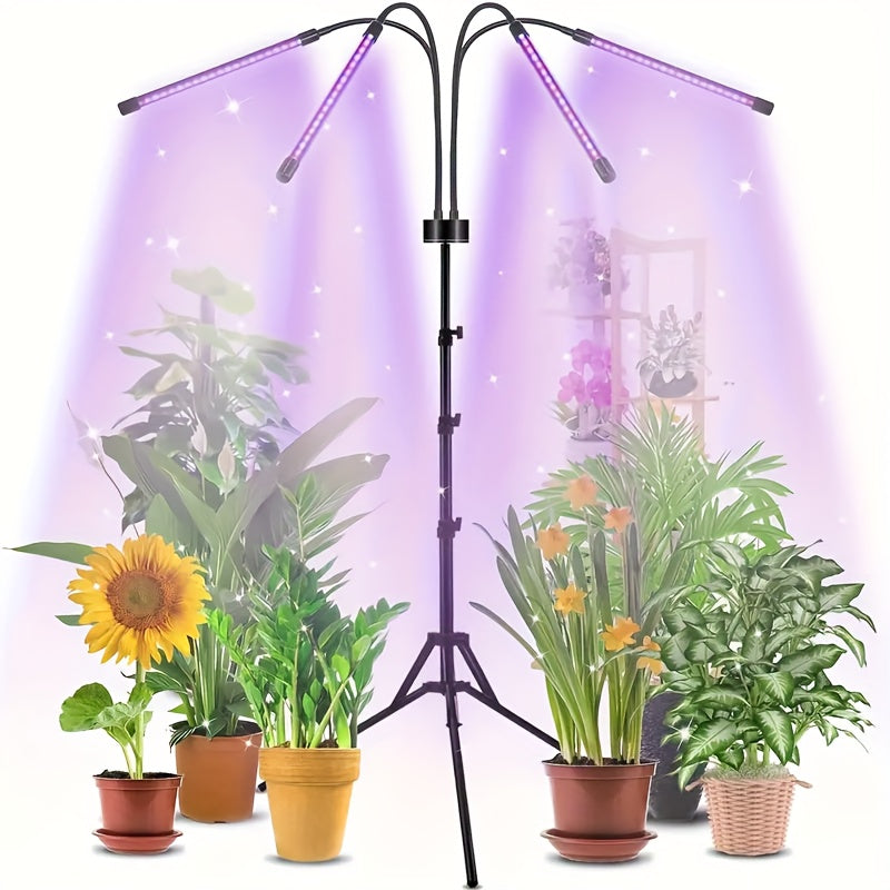 室内植物生长灯，配备五头灯头，具有红、蓝和白光全光谱能力，配有可调节三脚架，范围从29到61英寸，灯具包括遥控器和自动开/关定时器功能