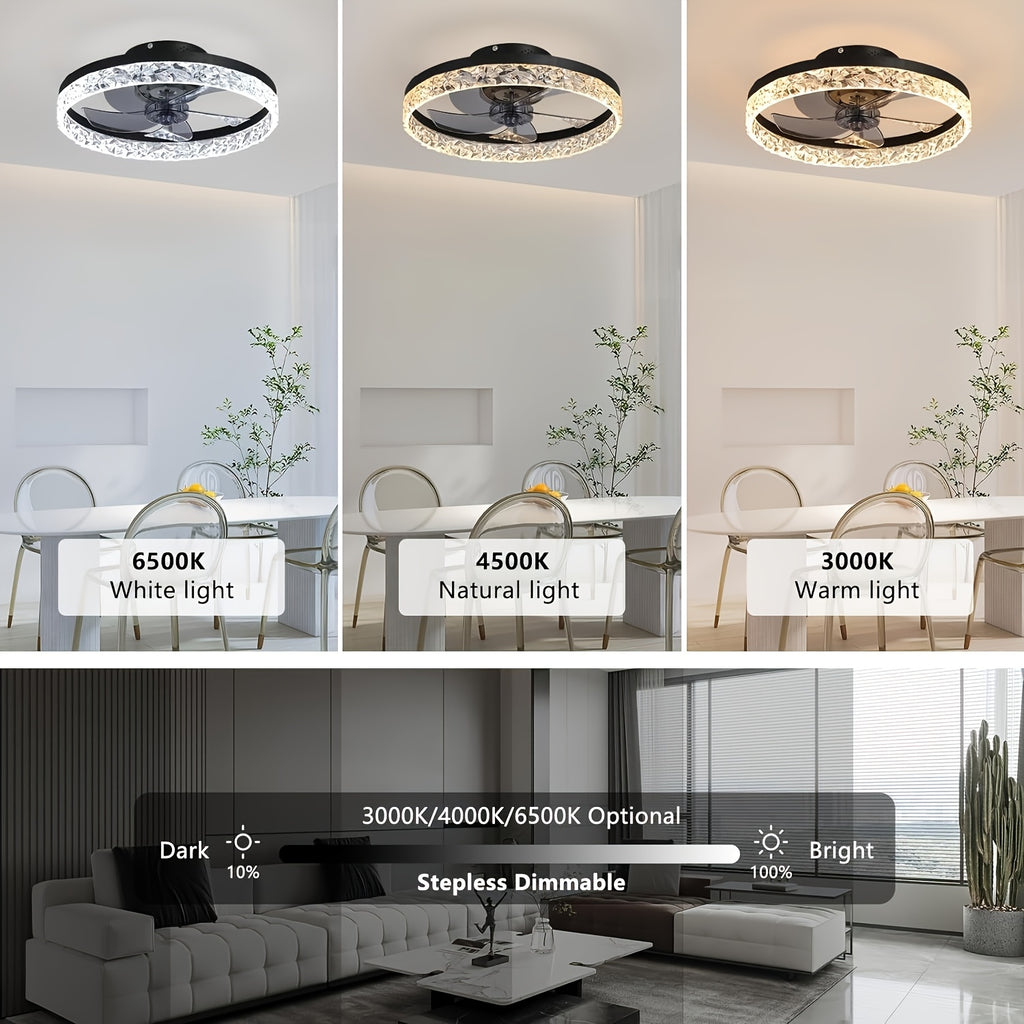 Low Profile Ceiling Fan with Light and Remote Control, Fandelier 19.7 Inch Semi-Flush Mount, 3000K-6500K Smart Bladeless LED, Black Modern Bedroom Ceiling Fan, Acrylic Lampshade, Hardwired, Remote Control