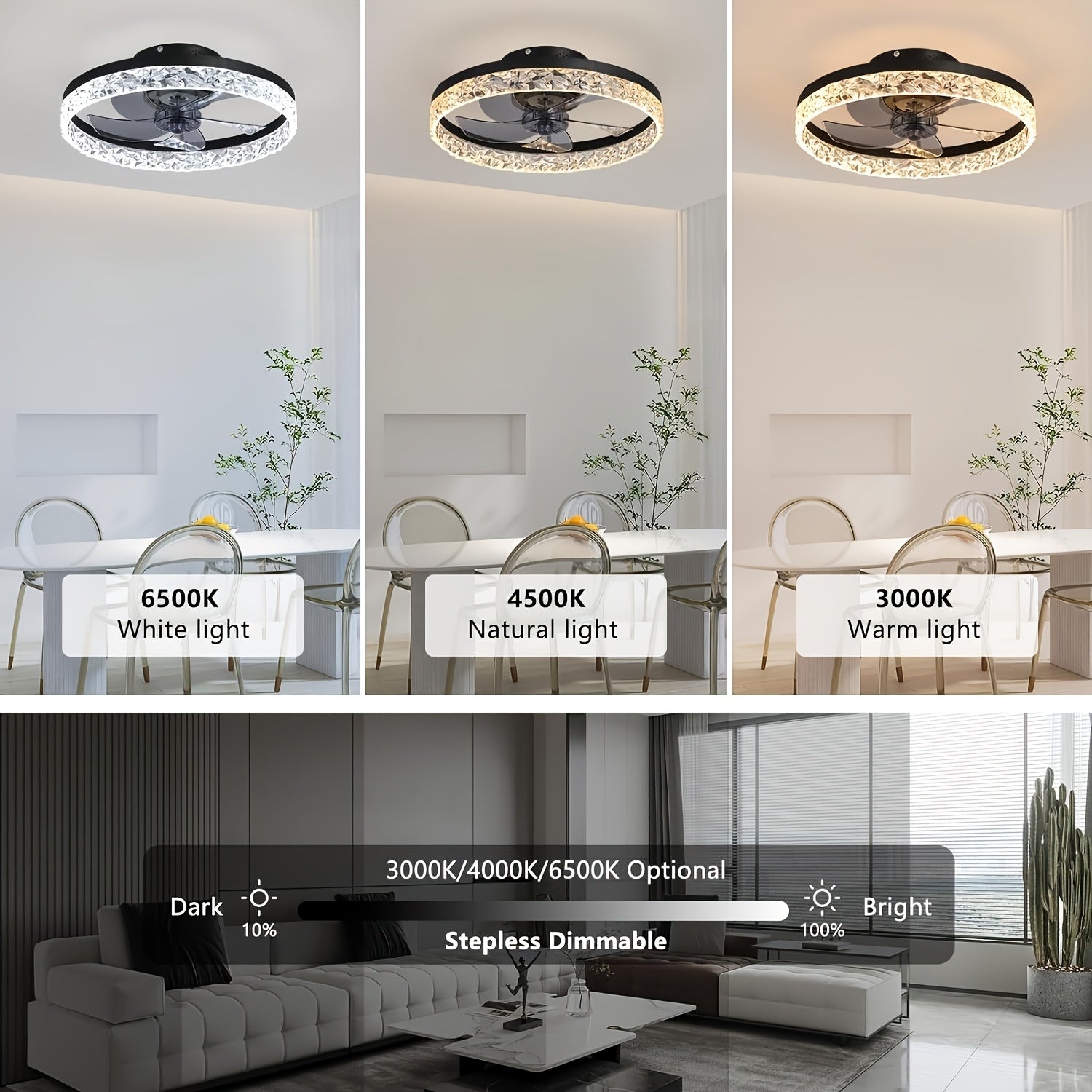 Low Profile Ceiling Fan with Light and Remote Control, Fandelier 19.7 Inch Semi-Flush Mount, 3000K-6500K Smart Bladeless LED, Black Modern Bedroom Ceiling Fan, Acrylic Lampshade, Hardwired, Remote Control