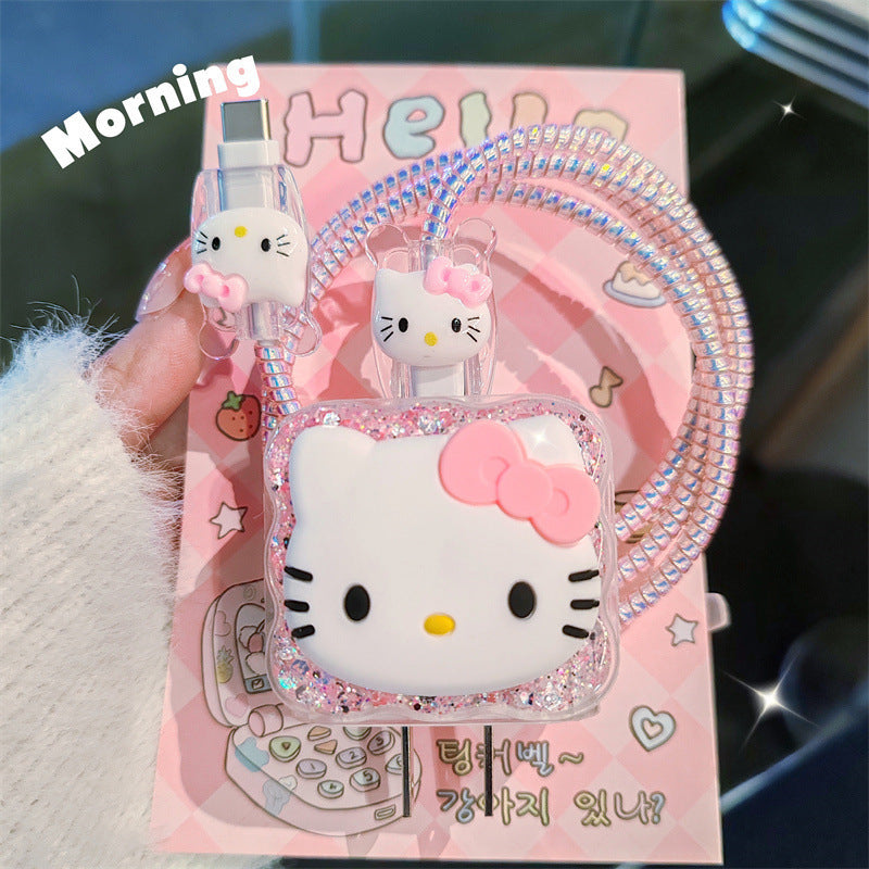 Sanrio Collaboration Hello Kitty Glitter Charging Case Set, Includes a 20W USB-C Fast Charger for Apple, Anti-Bend Protective Case, Suitable for Car/Home/Travel, Tangle-Free And Non-Slip Transparent Silicone Cable Organizer, Adorned with a Cute Bow