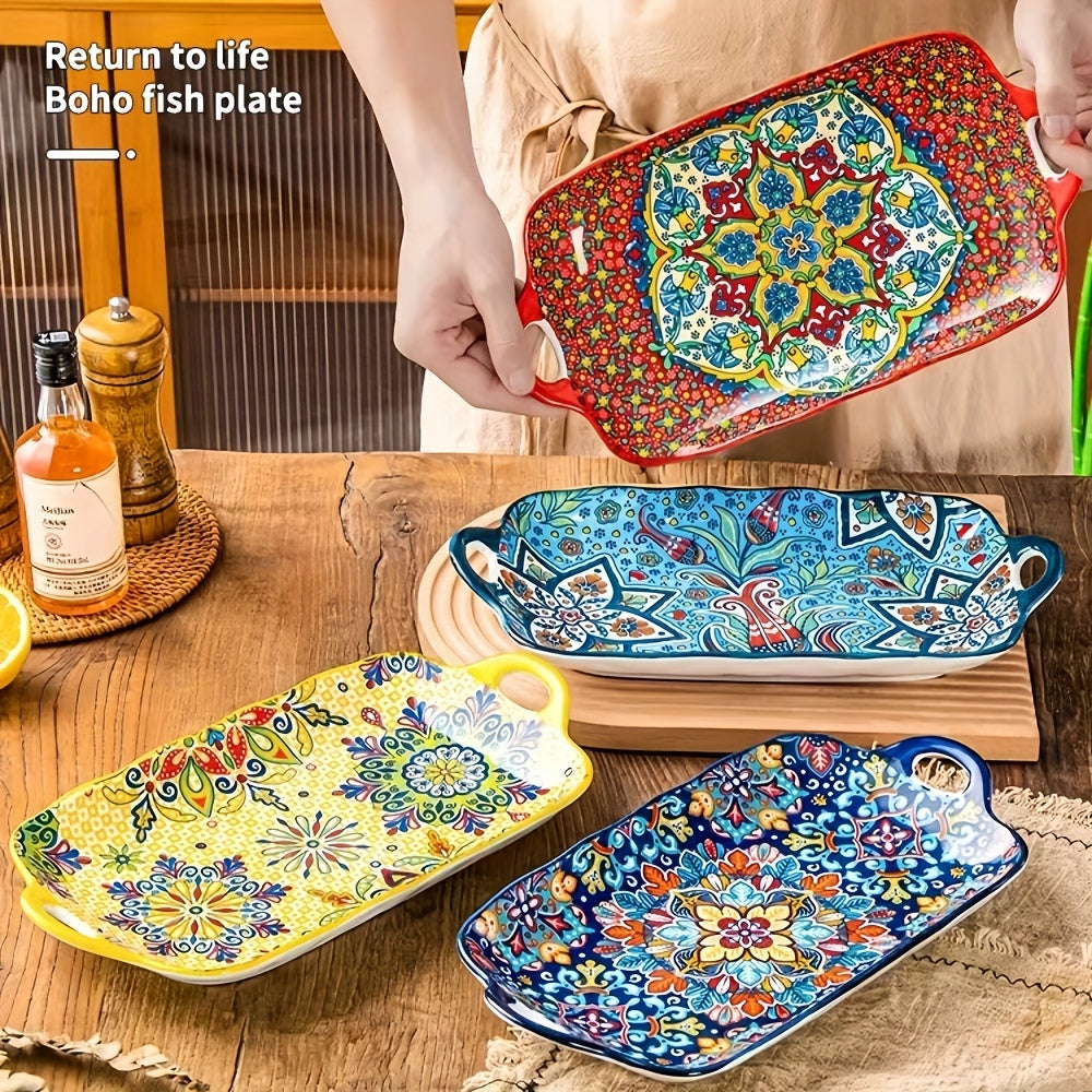 1 Piece Ceramic Bohemian Style 12.8-Inch Fish Plate with Double Handles – Kitchen Serving Platter – Rectangular Baking Dish Safe for Microwave & Oven