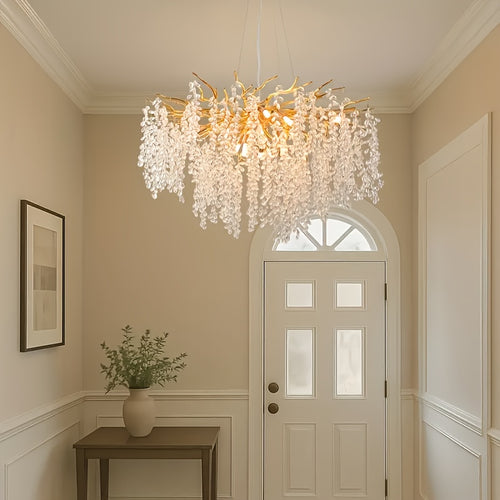 1 piece modern branch-shaped round crystal chandelier, gold handcrafted aluminum branch design, semi-flush mount installation, compatible with G9 bulbs (bulbs not included), suitable for dining room, living room, bedroom, villa