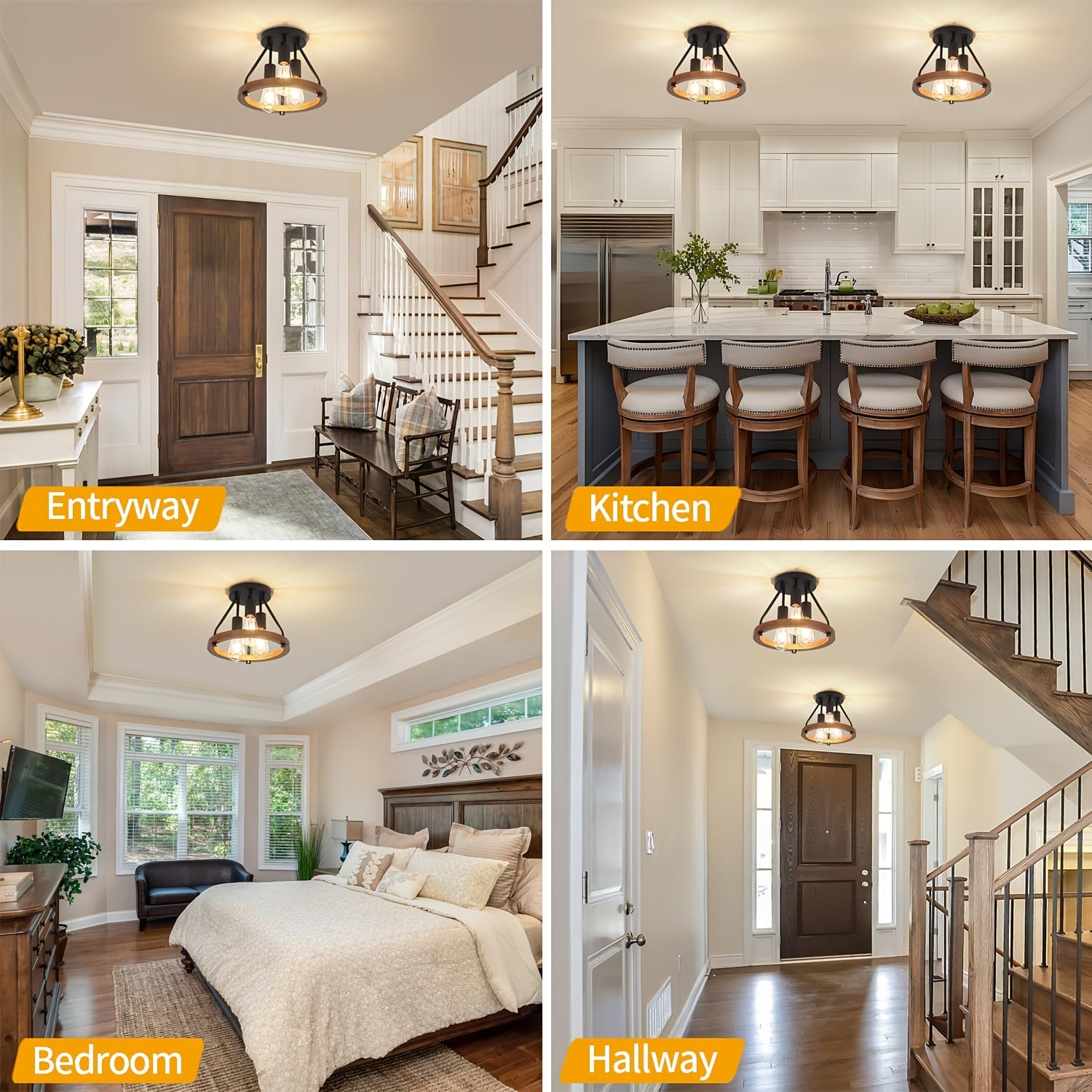 3-Light Chandelier Farmhouse Rustic Style | Semi-Flush Mount, Metal Finish, E26 Socket, Warm Glow Atmosphere Lighting, Suitable for Hallway, Bedroom and Kitchen Decor, Bulb Not Included, Modern Farmhouse Light Fixture