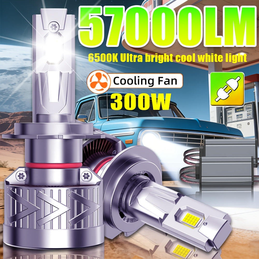 2-Pack LED Car Headlights, Compatible with H11/H7/H4/H1 Sockets, Corresponding to 9005/9006/9012 Specifications, 57000 Lumens Brightness, 6500K Cool White Light, 300W Power, Plug-and-Play