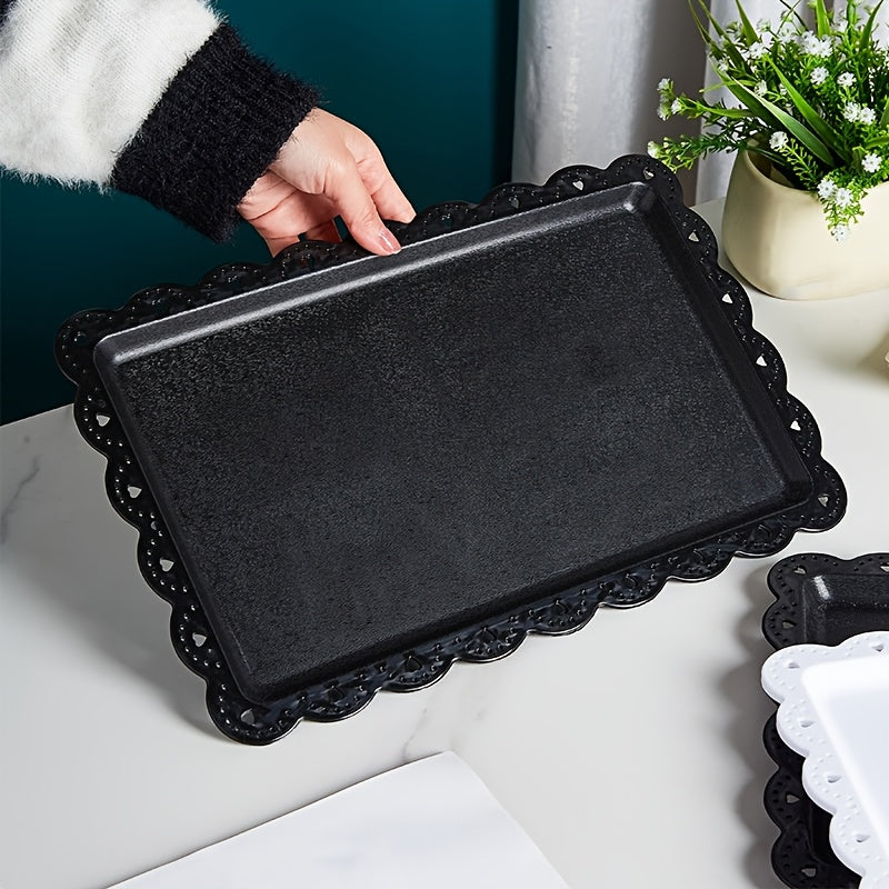 3/4/5-Piece Set Plastic Food Tray with Lace Edge, Rectangular Food Tray – Perfect for Outdoor Camping, Party Buffets, Kitchen, Dining Room – Small Flat Tray for Desserts, Fruit, Cookies, Snacks (White, Black)