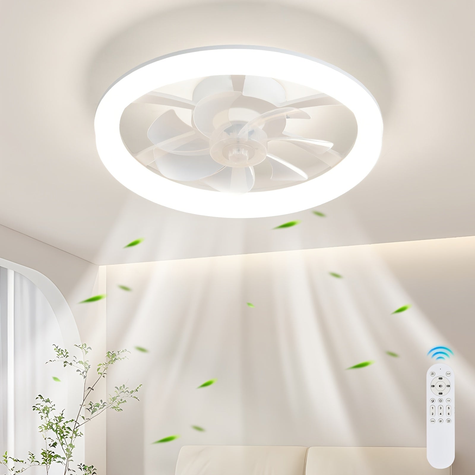 1PC Ceiling Fan with Light, 44.5cm/17.51 Inch LED Fan Light Kit, Compact Ceiling Fan with Remote Control, White Low Profile Ceiling Fan, 6 Speed Levels Smart Dimmable, Suitable for Living Room Bedroom Attic Kitchen Laundry Room Dining Room