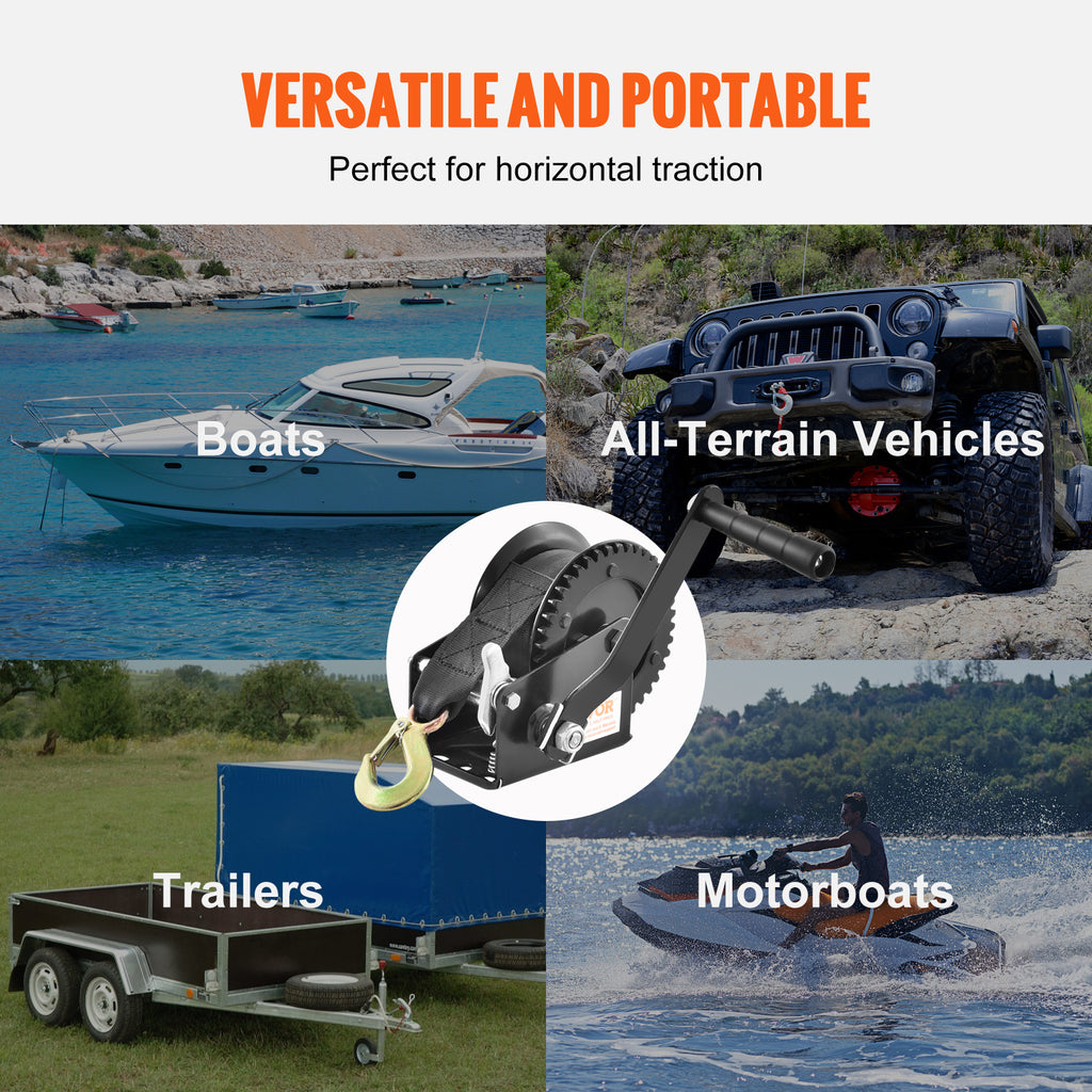 VEVOR Manual Winch, 1200 Lbs / 1600 Lbs / 2000 Lbs / 3500 Lbs Pulling Capacity, Boat Trailer Winch with 23FT Polyester Rope Strap and 2-Way Ratchet, Suitable for Trailers, Boats or ATV Towing