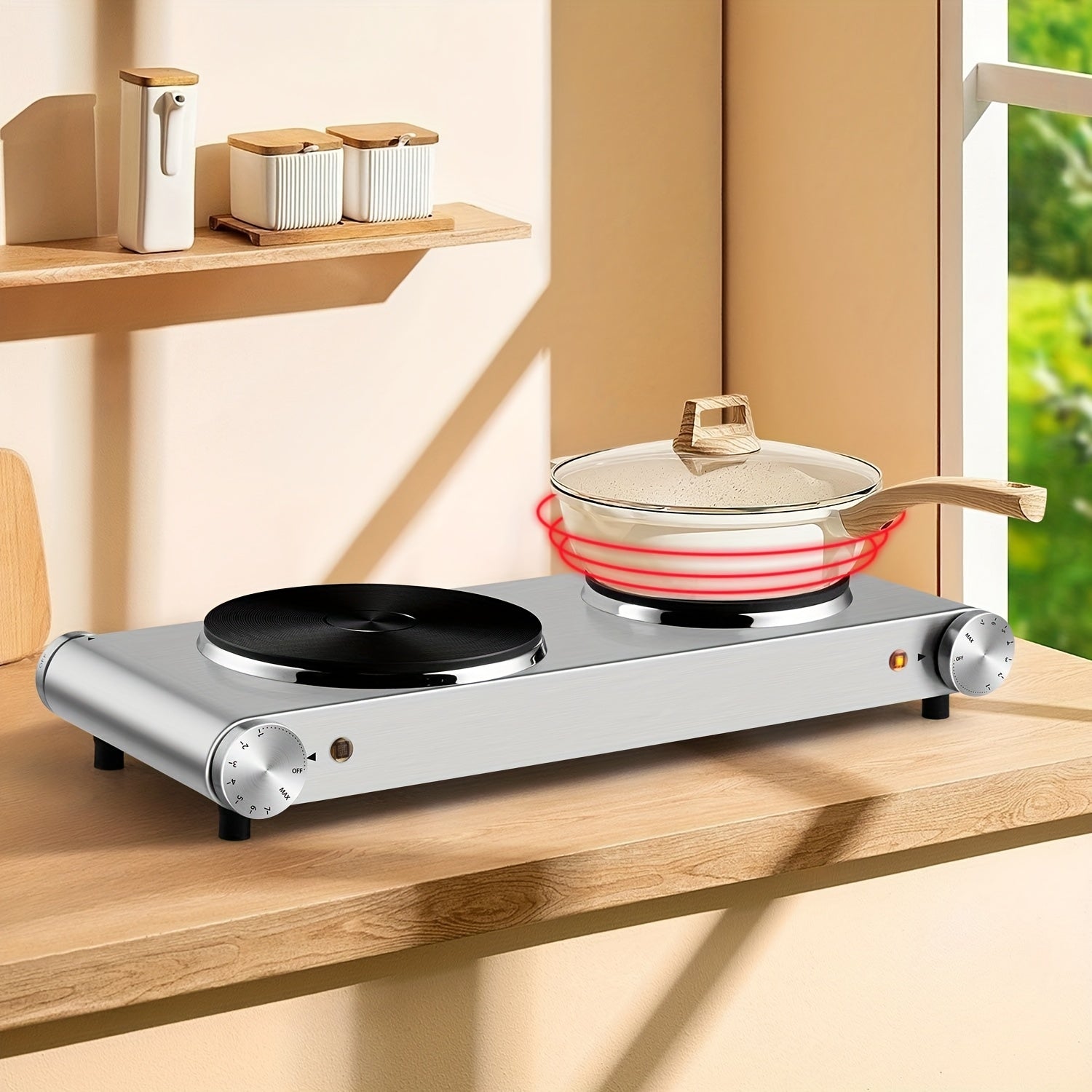 CUSIMAX Electric Hot Plate, Portable Double Burner Electric Stove, 1800W Cast Iron Double Cooktop, Compatible with All Types of Cookware, Stainless Steel