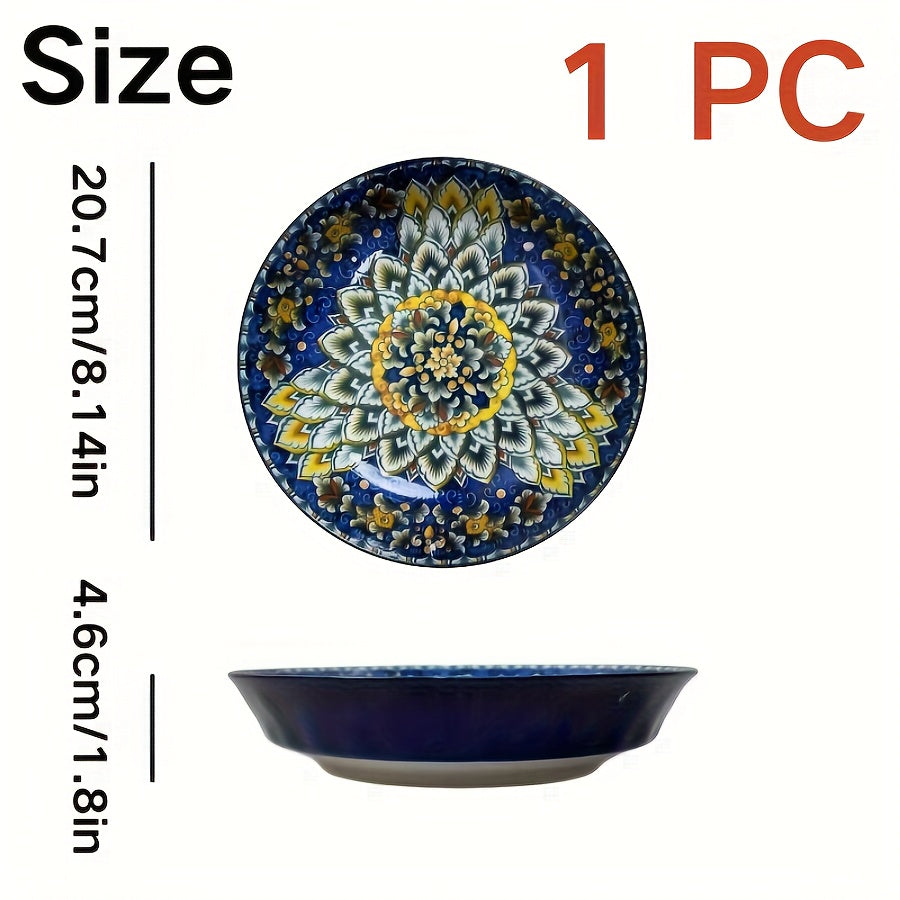 1-Piece Bohemian Floral Theme Ceramic Dinner Plate – 8-Inch Round Decorative All-Season Tableware, Perfect for Steak, Pasta, Breakfast – Microwave Safe Ceramic Dishware – Great for Christmas Gifts, Restaurant & Home Use