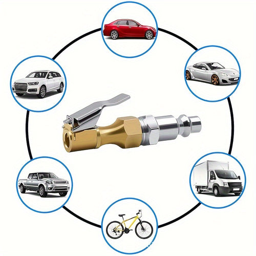 1pc Heavy Duty Locking Tire Inflator Chuck – Brass Construction with Quick-Connect Clip, Golden Finish & American NPT Thread, for Fast Airflow