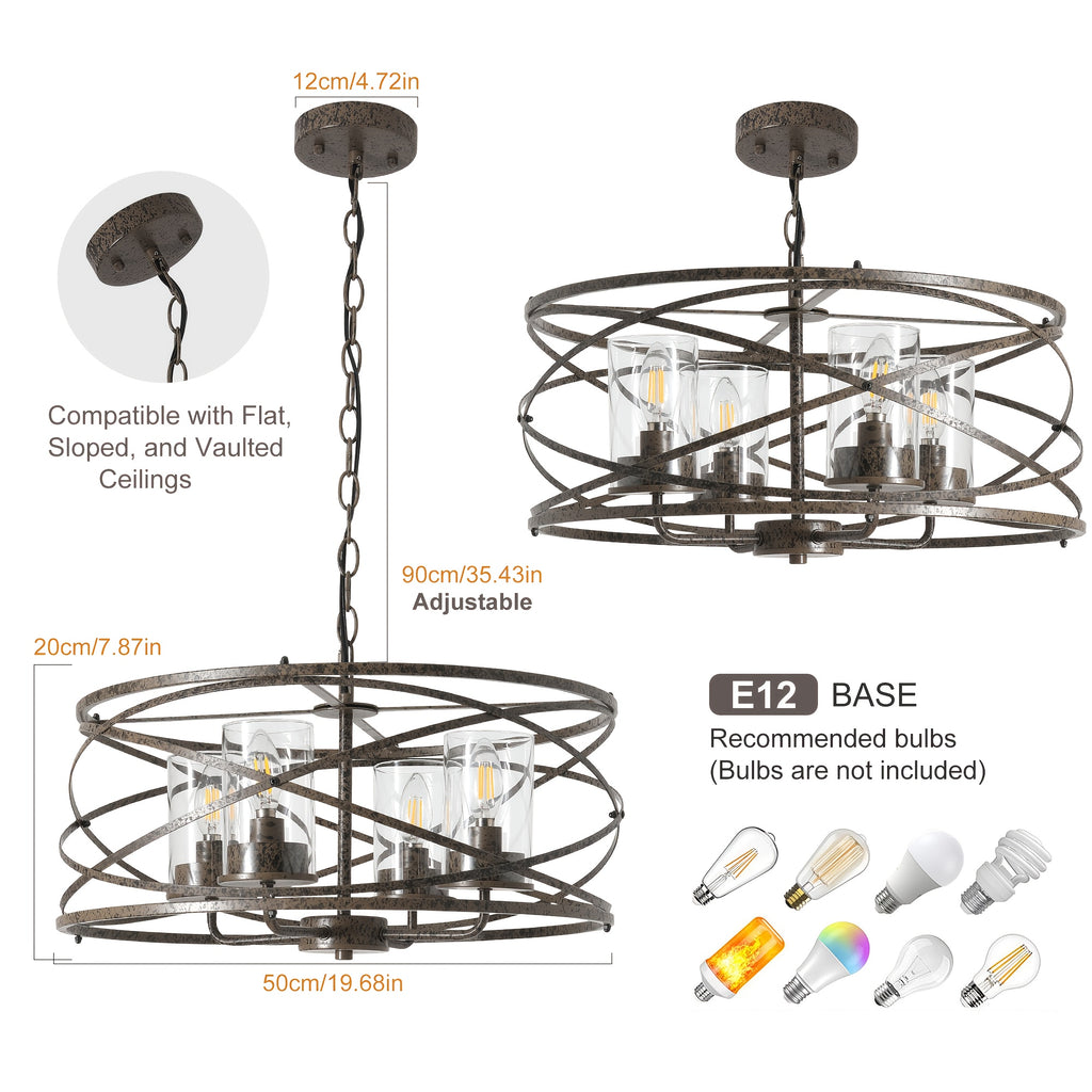 Ganeed 4-Light Farmhouse Pendant Light, Natural Wood Grain Vintage Rustic Chandelier Black Metal Industrial Glass Shade Hanging Fixture, Suitable for Entryway, Bedroom, Dining Room, Entryway Lighting, Bedroom Lighting