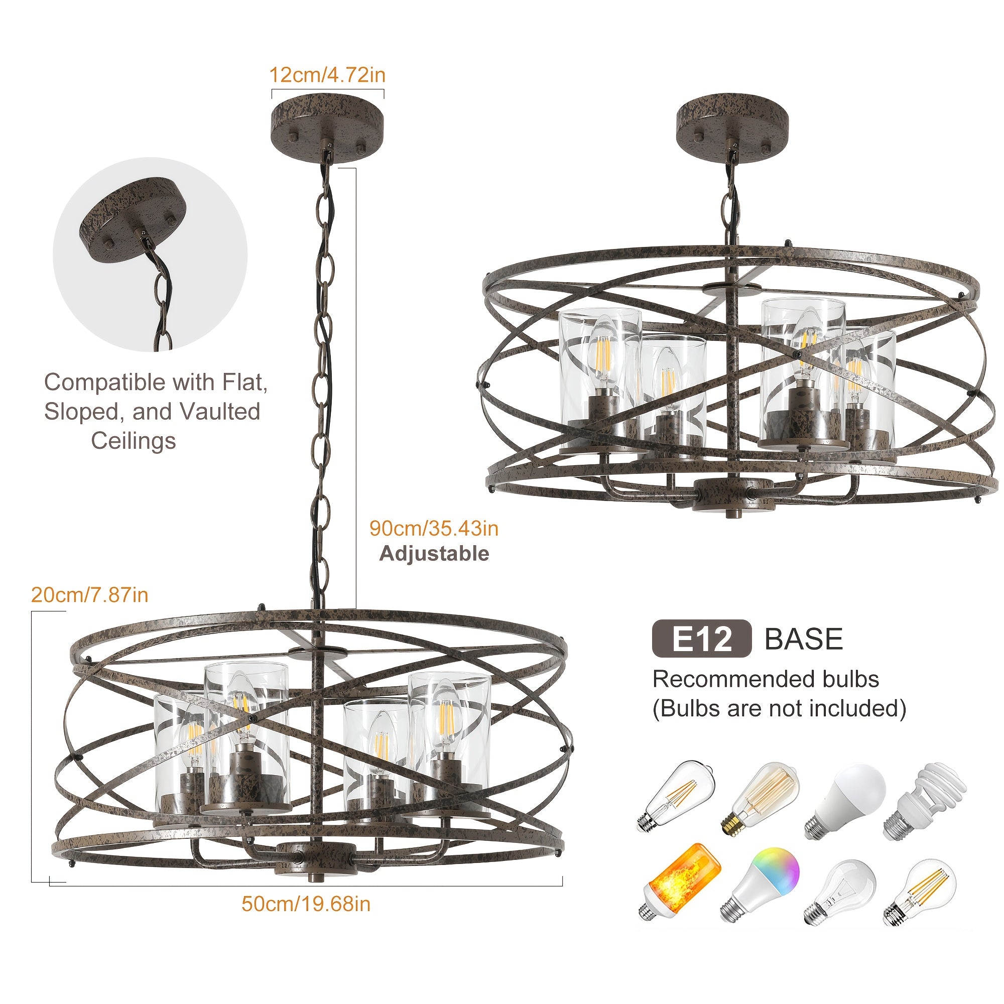 Ganeed 4-Light Farmhouse Pendant Light, Natural Wood Grain Vintage Rustic Chandelier Black Metal Industrial Glass Shade Hanging Fixture, Suitable for Entryway, Bedroom, Dining Room, Entryway Lighting, Bedroom Lighting