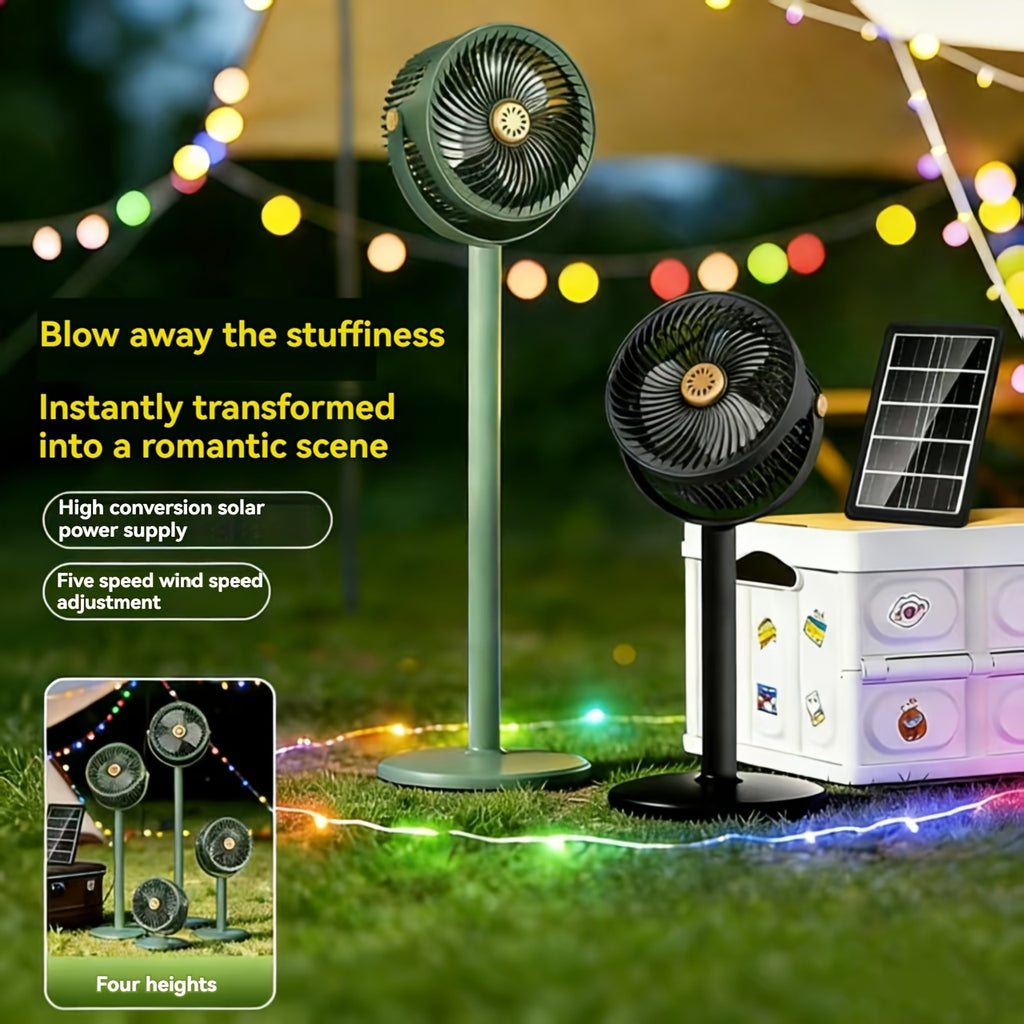 5-Speed Solar Powered Standing Fan, 4 Adjustable Heights Portable Outdoor Fan for Camping & Barbecue, Type-C Fast Charging, 4000mAh Long Lasting Battery, Brushless Motor Built-in Rechargeable Lithium Battery