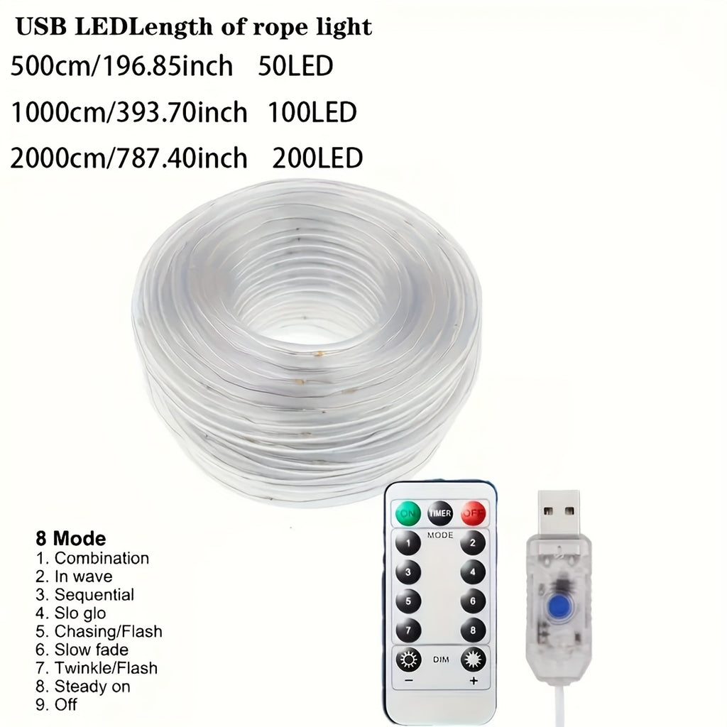 LED tube light, tubular light string, fairy light tube, DIY decorative light, USB powered, remote control, 8 lighting modes, adds ambiance to Christmas trees, parties, Christmas, carnivals, weddings, anniversaries, birthdays and other scenes