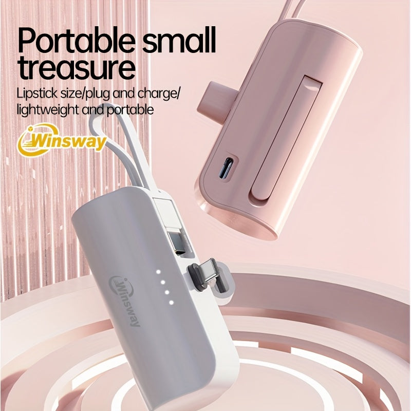 文思迷你膠囊便攜支架充電寶 5000毫安內建USB-C資料線雙口可同時為兩臺裝置充電，相容多數電子裝置，節日贈禮優選，精緻小巧饋贈佳品