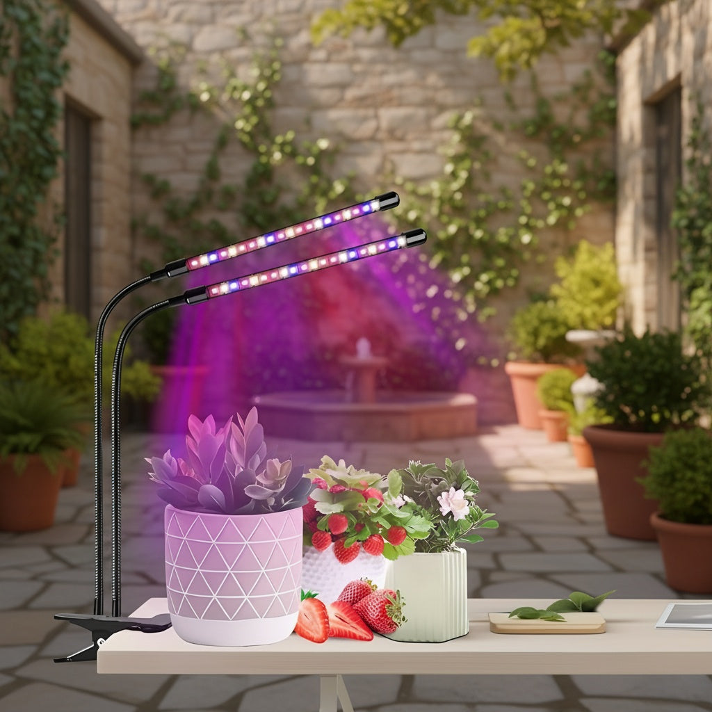 Dual-head round tube clip-on indoor plant grow light, three-color dimming (white/red/blue), with 3/9/12 hour timer function, allowing plants to enjoy sunlight indoors at night as well. Ideal birthday gift for gardening enthusiasts