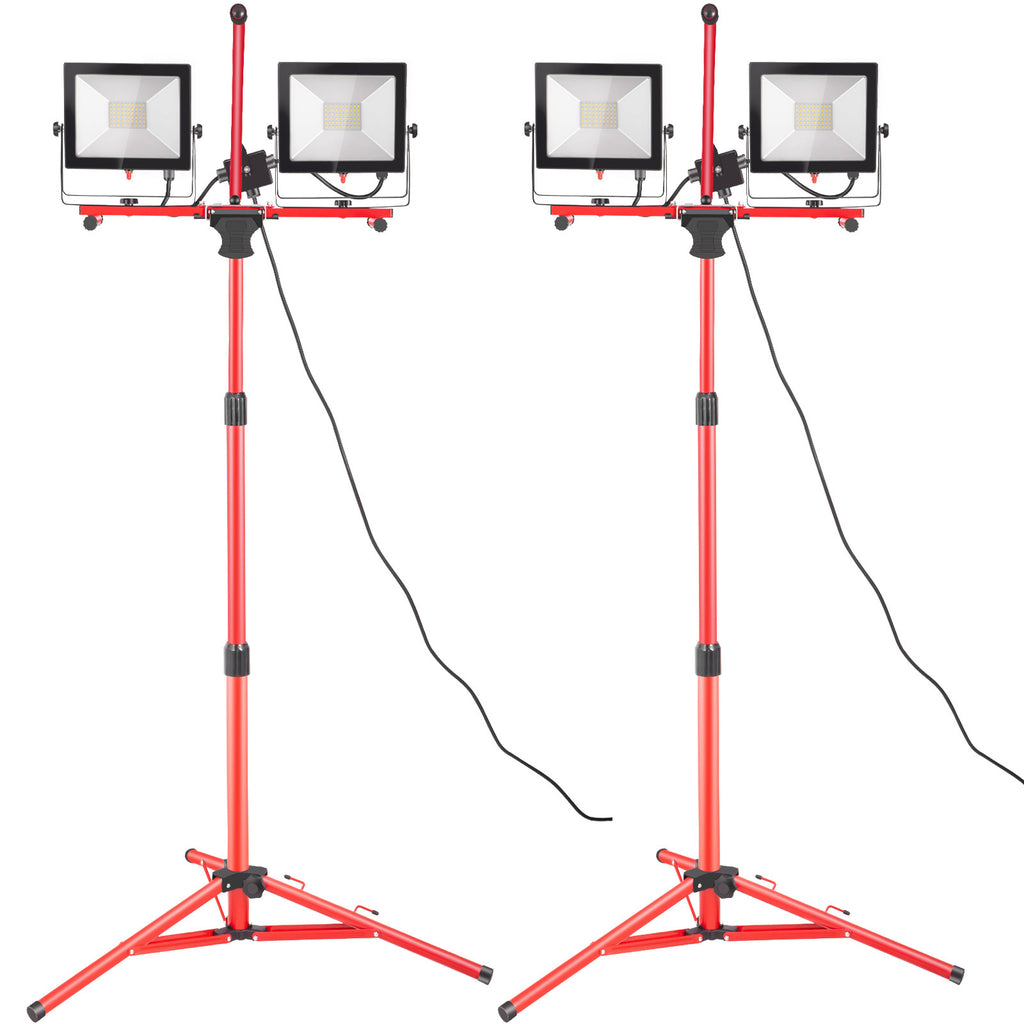 VEVOR LED work light with stand, 1/2 pieces, 5000lm/10000/20000 lumens dual-head LED work light, 27.6“-68.1” adjustable foldable tripod, IP65 waterproof LED tripod work light, 5000 Kelvin color temperature