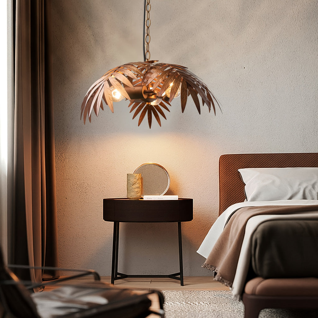 Vintage adjustable tropical palm branch pendant light - height-adjustable ceiling light fixture, with polished metal palm branches and leaves, semi-flush mount design, suitable for bedroom, hallway, bar (bulb not included)