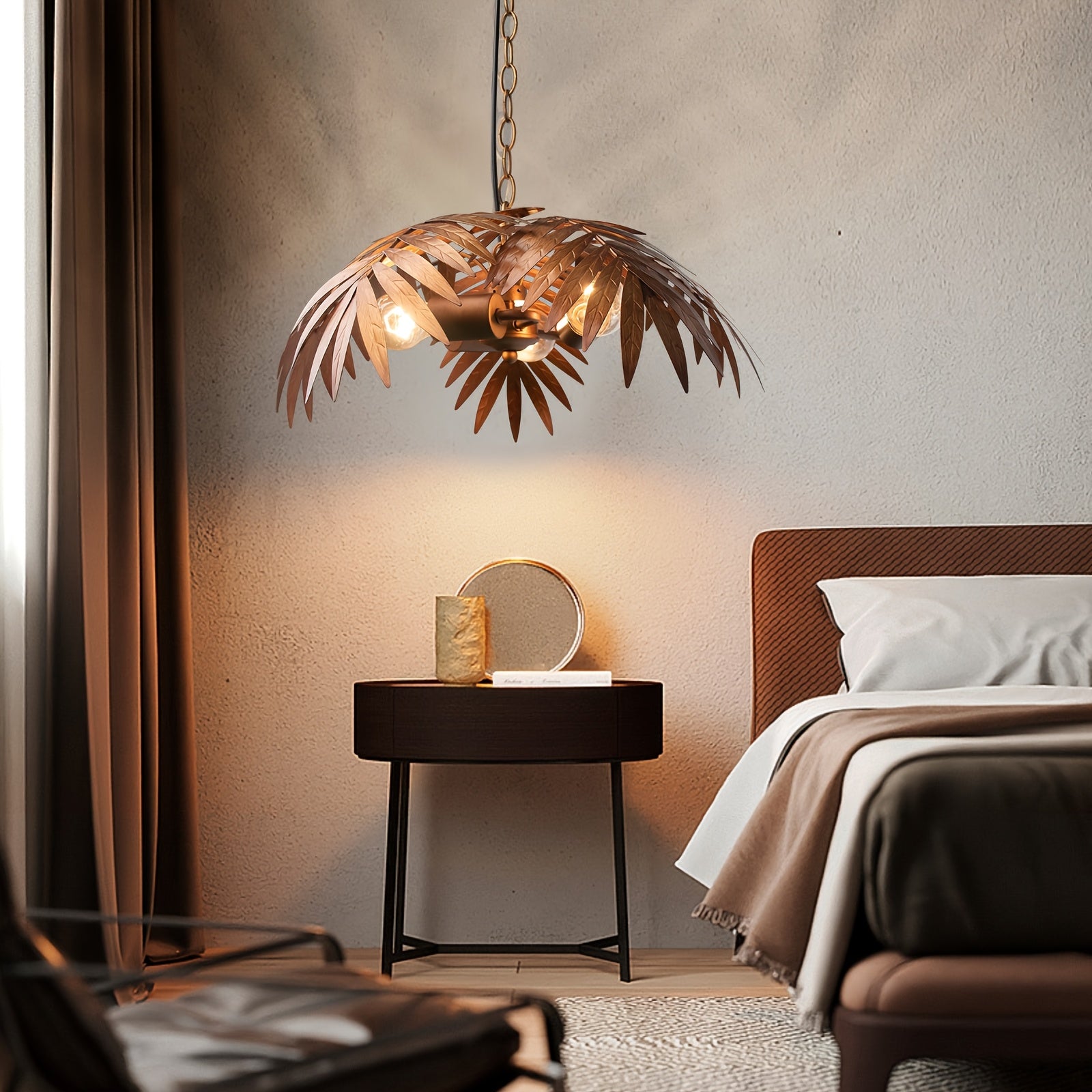 Vintage adjustable tropical palm branch pendant light - height-adjustable ceiling light fixture, with polished metal palm branches and leaves, semi-flush mount design, suitable for bedroom, hallway, bar (bulb not included)