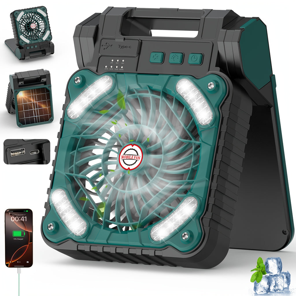 New Portable Solar USB Rechargeable Outdoor LED Fan Light, Foldable Camping Desktop Fan Lamp