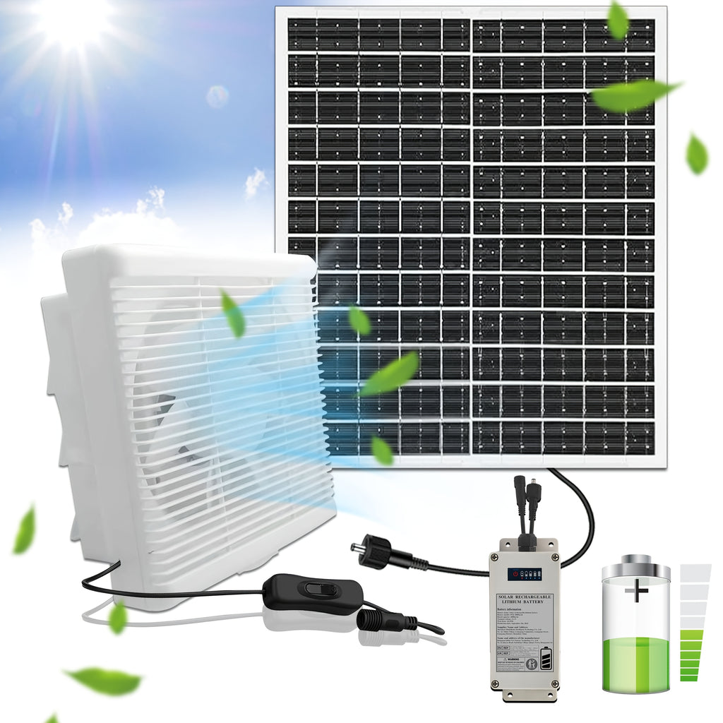 25W Solar Panel Ventilation Fan Set with 4000mAh Battery - 8 Inch High Speed Fan, Designed for Indoor Use, Equipped with Protective Grill and Louvers, Ideal for Ventilation in Greenhouse, Kitchen, Workshop, Shed, Attic and Pet House