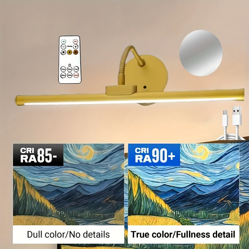 12.59-Inch Gold-Plated Metal Rechargeable LED Picture Light - Dimmable, Art Lighting, with Infrared Remote Control, Suitable for Living Room and Bedroom Decor, Living Room Enhancement | Stylish Wall Light | LED Light, Living Room Light