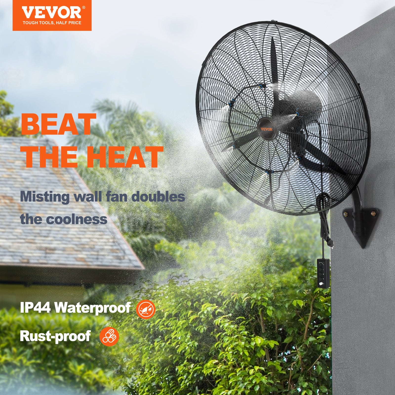 VEVOR Wall-Mount Misting Fan, 24"/30", 3-Speed High Velocity Max 7000 CFM / 9500 CFM, Waterproof Oscillating Industrial Wall Fan, Commercial/Residential for Warehouse, Greenhouse, Workshop, Black, ETL Listed