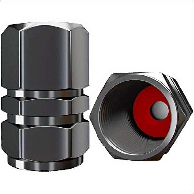 12-Pack Heavy Duty Tire Valve Caps – Hexagon Design, Dustproof O-Ring Rubber Seal, Lightweight Aluminum Alloy, Gunmetal Gray with Red Knob, All-Weather Leak-Proof for Outdoor Use