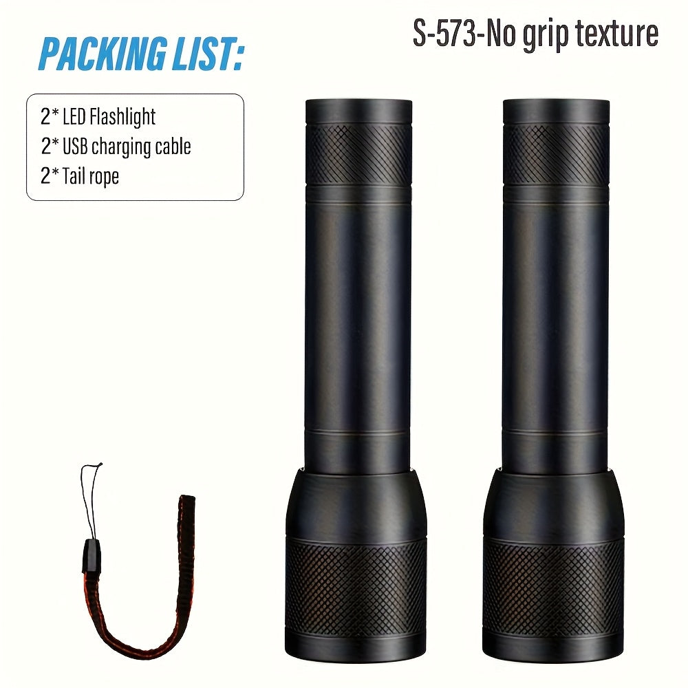2PCS Handheld Portable Aluminum Alloy LED Flashlight, USB Rechargeable Outdoor Searchlight, Telescopic Zoom Camping Light, Suitable for Camping, Outdoor, Hiking and Work