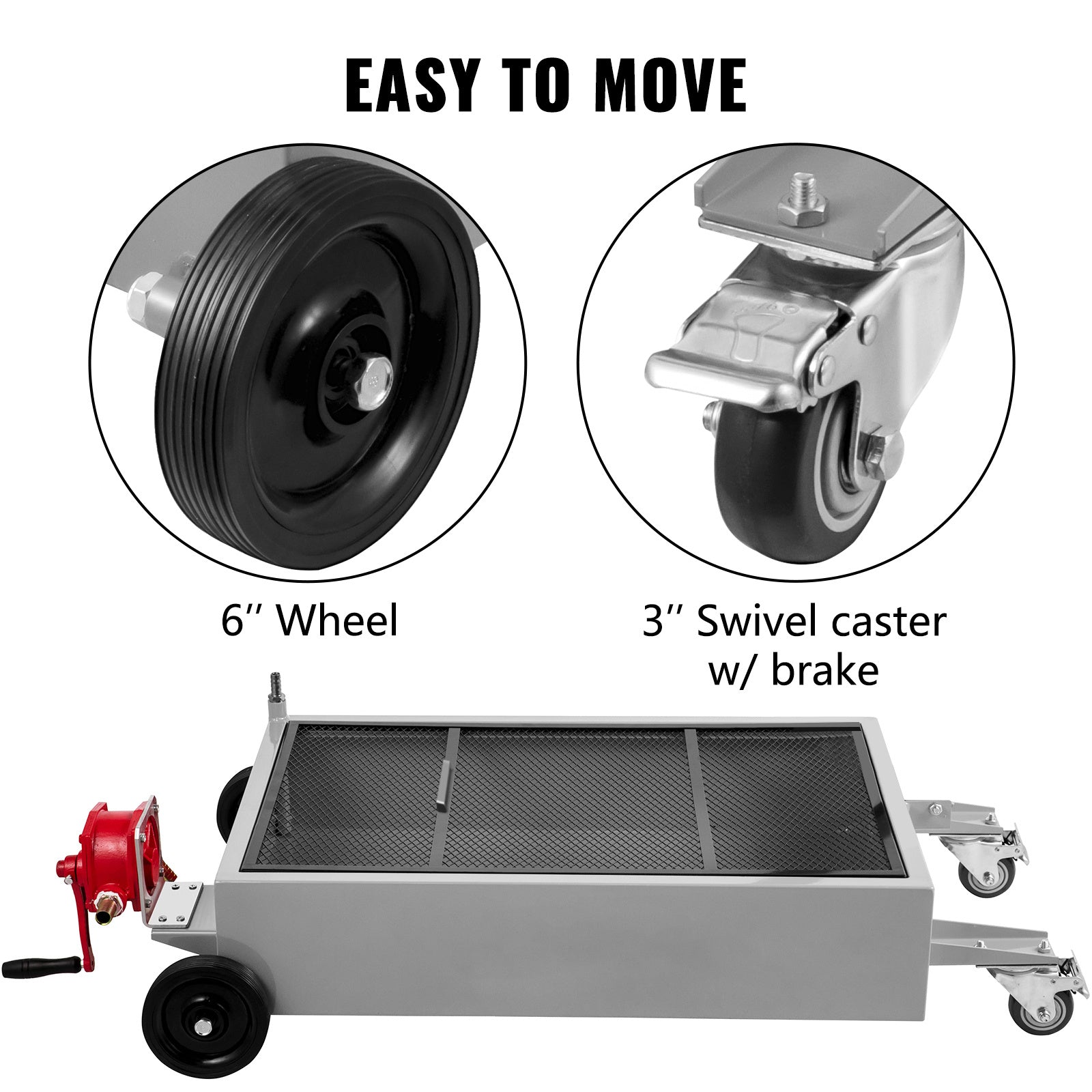 VEVOR 15 Gallon Oil Drain Pan, 57 Liter Low Profile Drain Tank, Large Capacity Oil Change Pan, with Folding Handle, Oil Pump, Hose and Swivel Casters, Suitable for Oil Change in Sedans, SUVs, Trucks