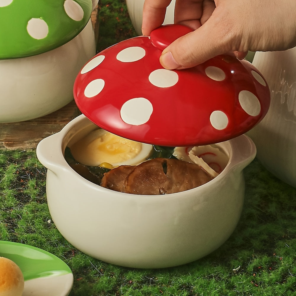 1 pc, Red Mushroom Bowl with Handle, Ceramic Soup Bowl with Lid, Porcelain Soup Pot for French Onion Soup, Pot Pie, Cereal, Chilled Storage, Pasta, Beef Stew, Microwave & Oven Safe
