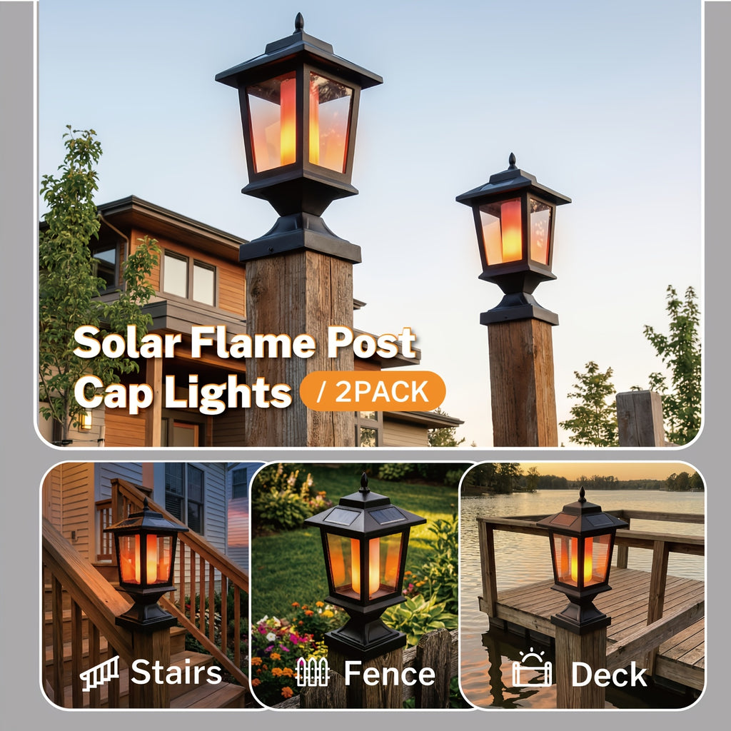 2-Pack Solar Lamp Post, Automatic Dusk to Dawn Waterproof Solar Outdoor Light Cover, Suitable for 4x4 Wood Post, Solar Light with Glass Shade, for Deck Fence Patio Post Decoration, Matte Black