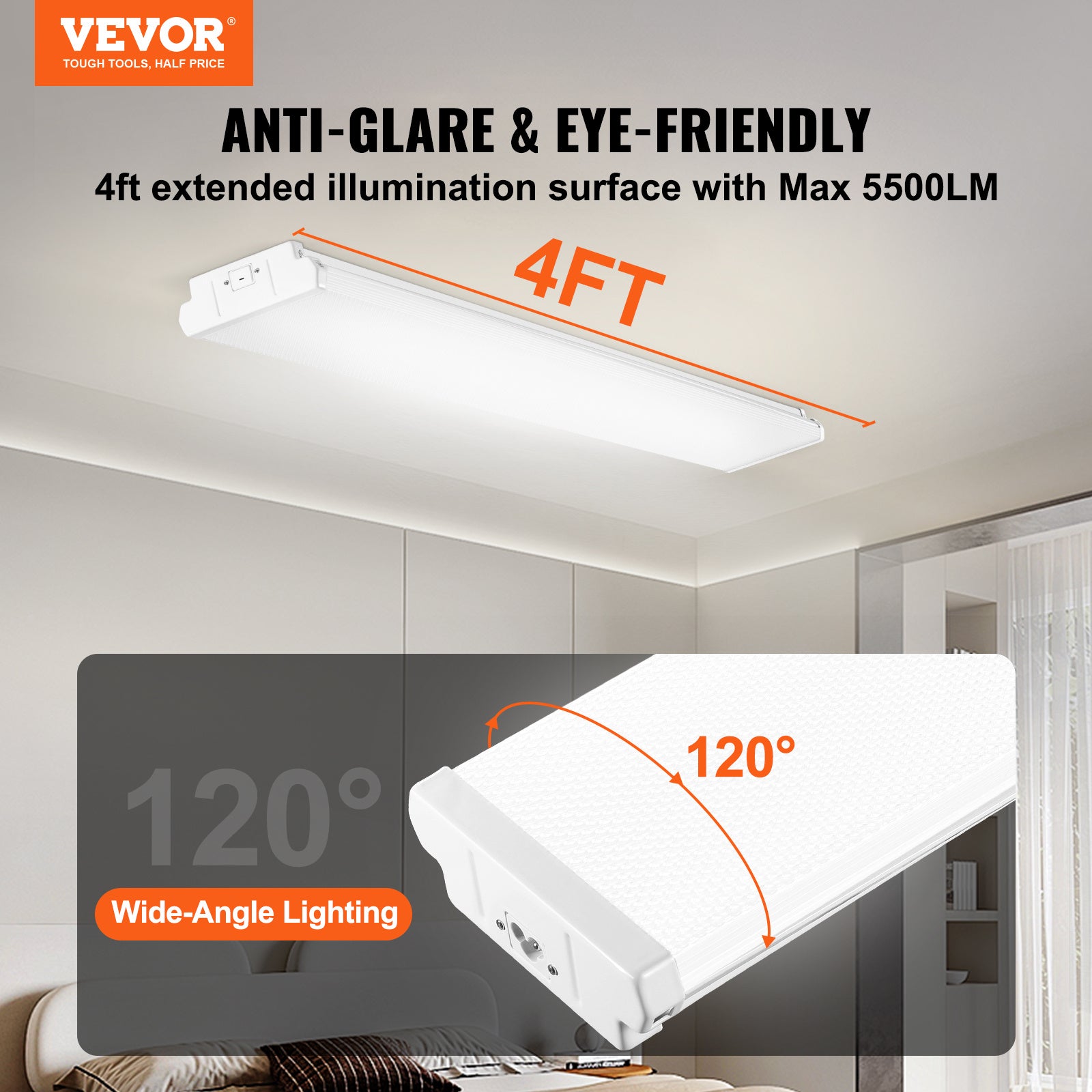 VEVOR 4/8 ft LED wrap light, 50W, 5500LM recessed LED shop light, 4-pack 6500K daylight LED kitchen ceiling light fixture, suitable for garage, office, laundry room fluorescent light replacement, FCC certified