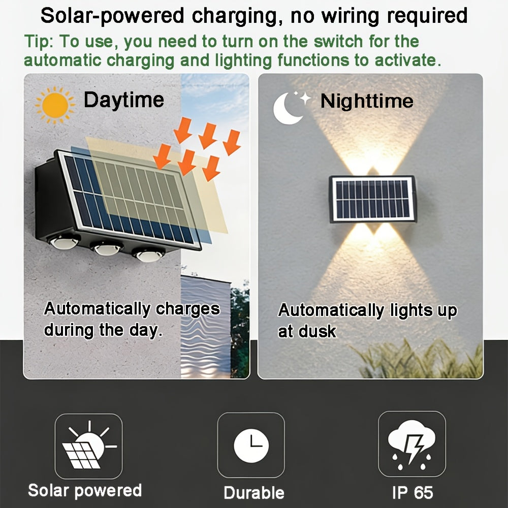Outdoor Solar LED Wall Light, Outdoor Wall Decorative Light, 6 LED Up and Down Lighting, Solar Fence Light, Home LED Landscape Light, Suitable for Courtyard, Villa, Garden, Garage, Porch, Easter Decoration, Outdoor Solar Decorative Light
