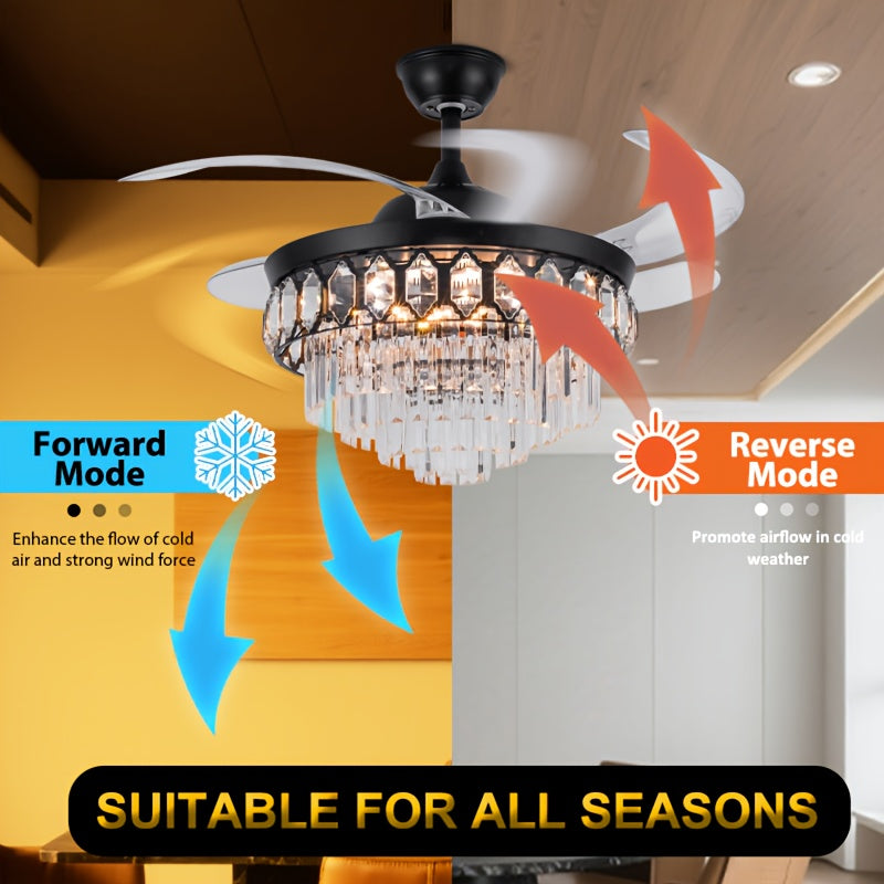 42 Inch Black Crystal Ceiling Light, Luxury Retractable Chandelier Fan with Music Player, 6-Speed Dimmable Chandelier, Ideal for Bedroom Living Room, Chandelier with Fan, Home Theater Lighting