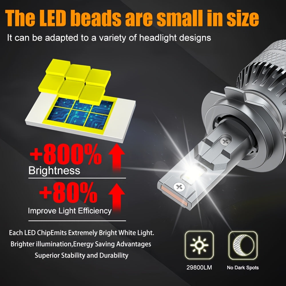 Automotive 2-Pack LED Car Headlights - H7/H4/H1/H11, 9005/9006/9012 Sockets - 29800 Lumens, 220W High/Low Beam Dual Mode, 6500K Cool White Light, Suitable for Various Environments, Ultra-Efficient Cooling Fan