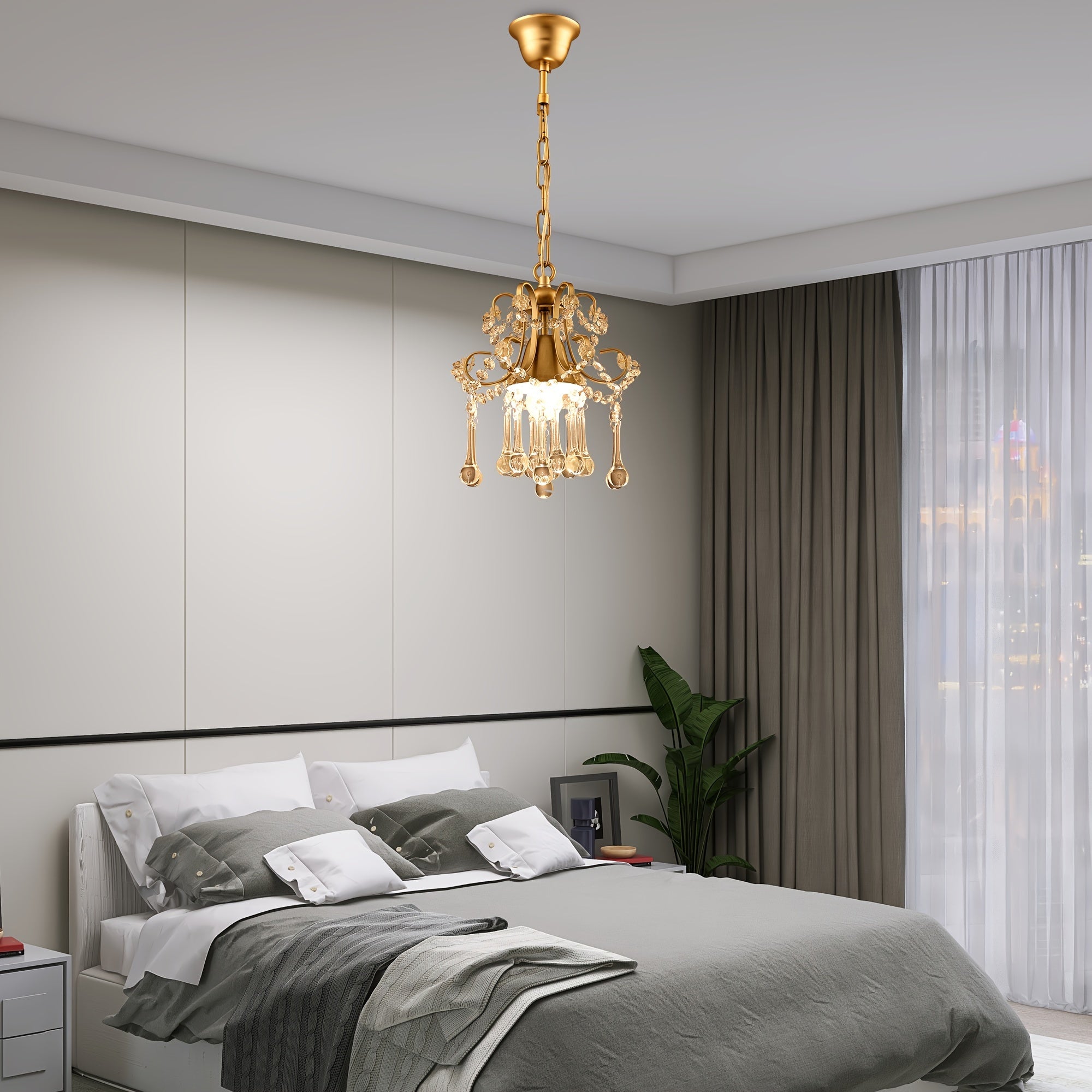 Ganeed 1-light champagne K9 clear crystal chandelier, ceiling light, crystal pendant light, chandelier for living room, bedroom, dining room, porch, LED lighting and home decoration