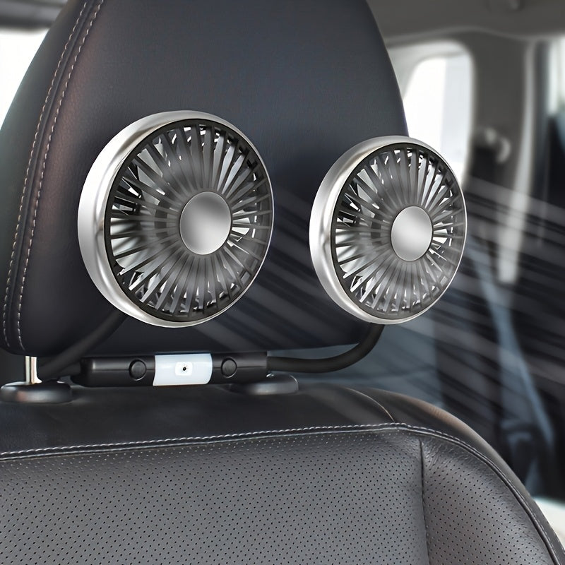 Car Rear Seat USB Cooling Fan with Two Independent Rotatable Heads, 360° Rotation, Ultra Quiet Ventilation, Designed for Sedan, SUV, RV and Truck