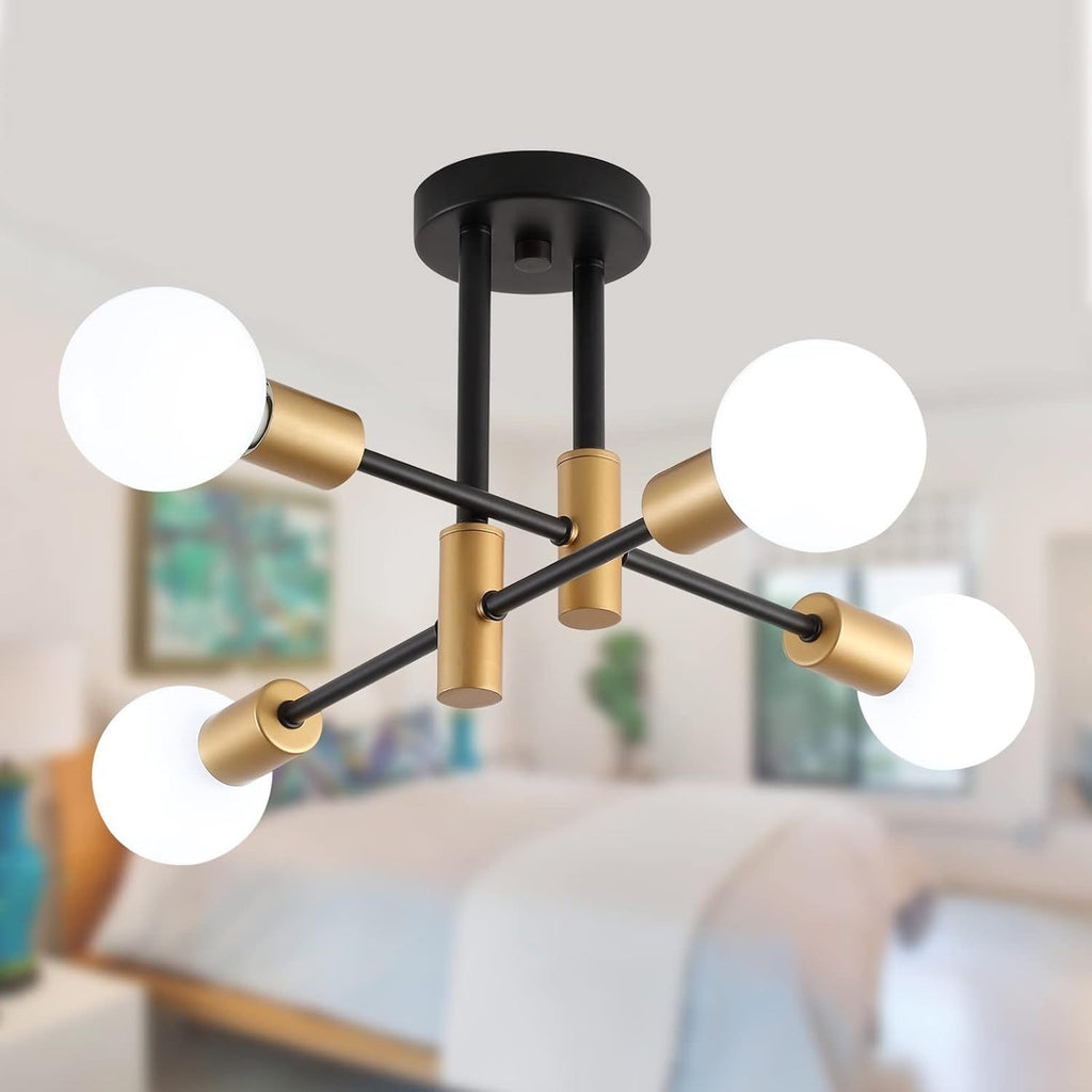 Modern Black Gold Soviet Sputnik Pendant Light, 4-Light Semi-Flush Mount Metal Pendant Light, Suitable for Bedroom, Kitchen, Hallway, Entryway and Office