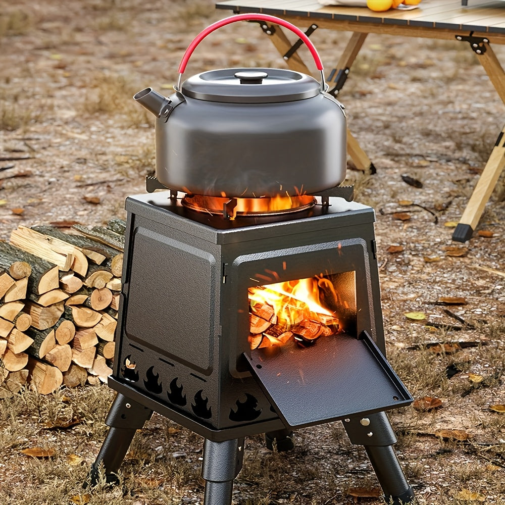 Portable Folding Fire Pit Stove - Compact Camping Fireplace with Wood Box Opening, Ash Tray & Stable Legs - Heavy-Duty Carbon Steel Outdoor Stove, Ideal for Camping, Backyard, Picnic, Beach