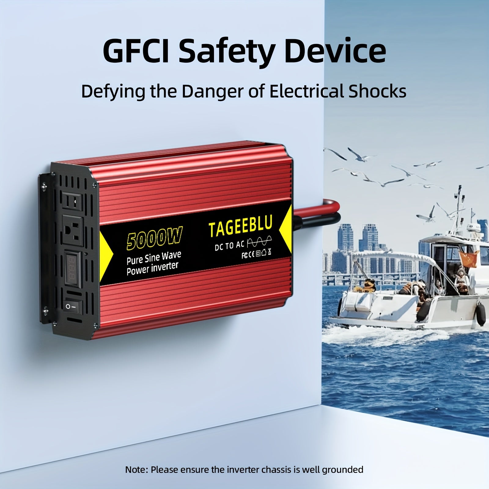 纯正波，房车逆变器，12V或24V DC to 110V AC，5000W峰值，配备电缆，离网，房车，旅行拖车、大部分重型电器适用，咖啡机，微波炉，安静