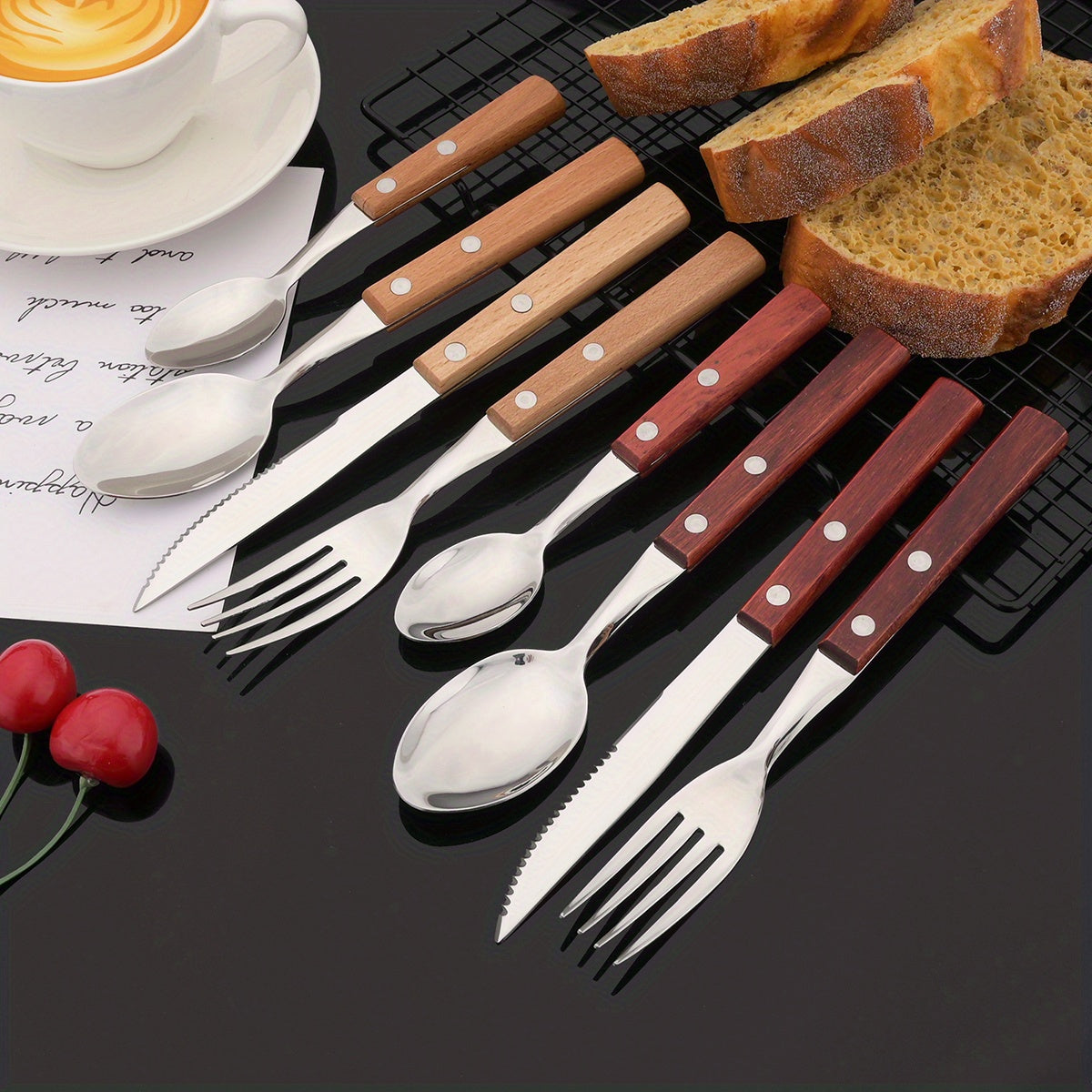 24-Piece Stainless Steel Cutlery Set with Wooden Handles – Mirror Polished Knife, Fork, Spoon & Tea Spoon – Vintage Flatware Set Service for 6 – Perfect for Home, Restaurant & Weddings